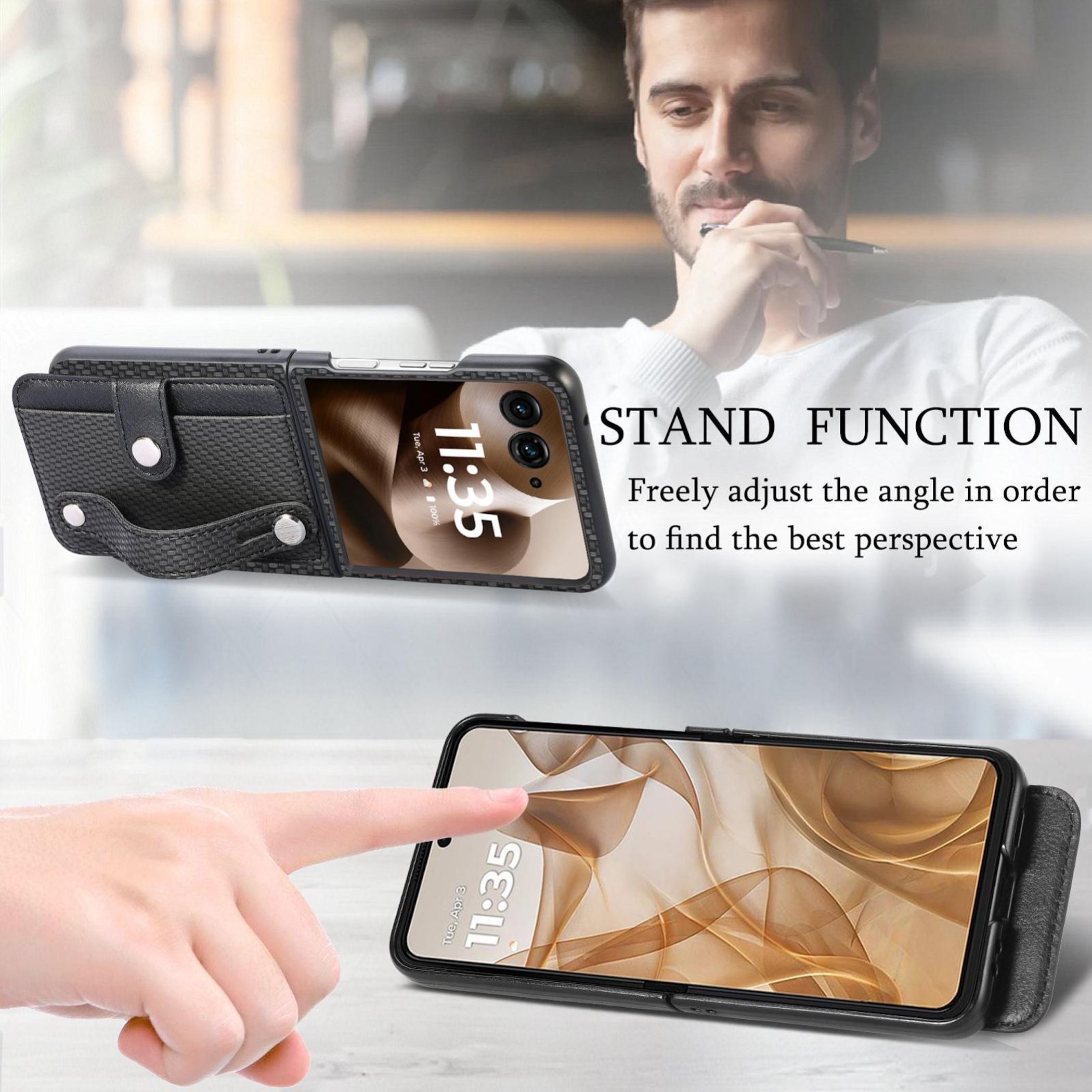 Handyhülle mit Standfunktion. Mann schaut auf Handy. Hand berührt Bildschirm.