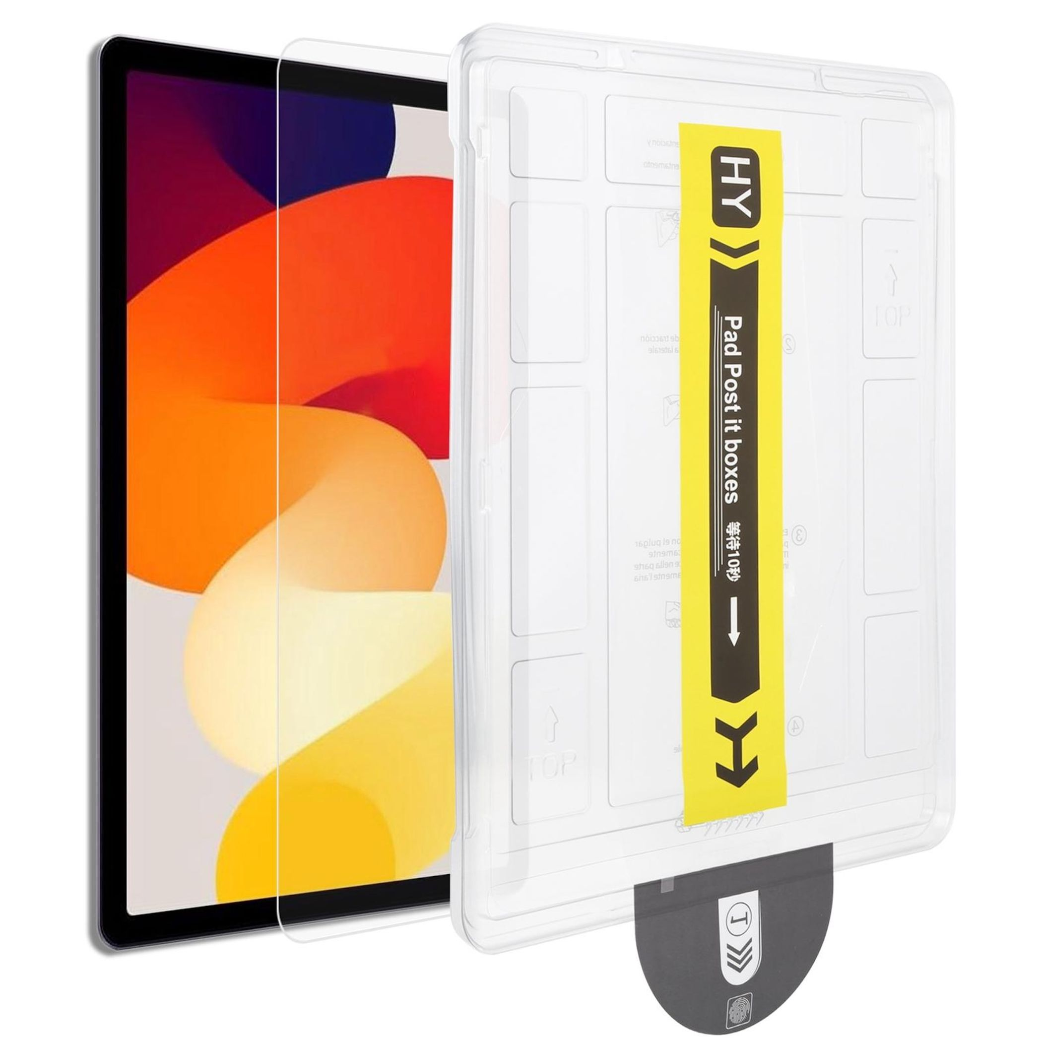 Ein Tablet mit einer Displayschutzfolie und einer transparenten Hülle mit gelbem Band.