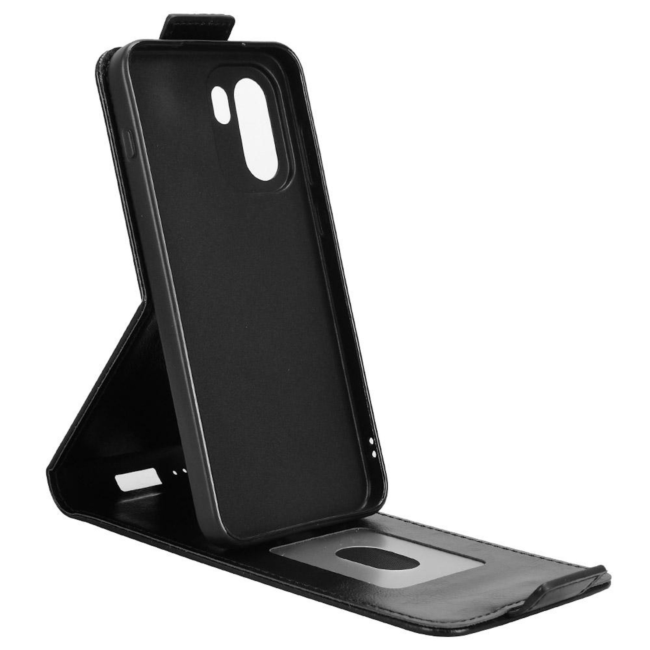 Funda negra para teléfono abatible con ventana.