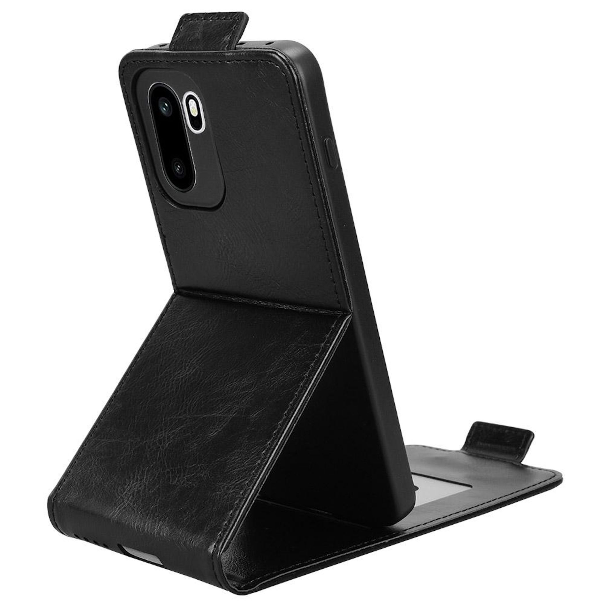 Funda tipo libro de cuero negro para smartphone, de pie.