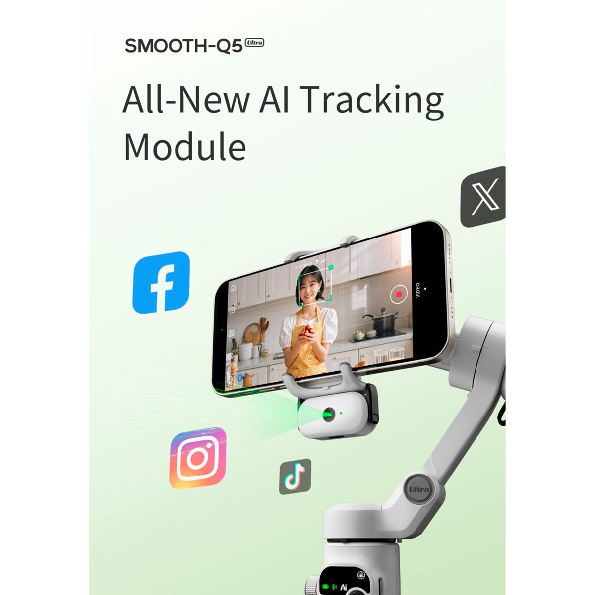 Ein Gimbal mit Handy, das eine Frau zeigt. Social-Media-Icons sind abgebildet.