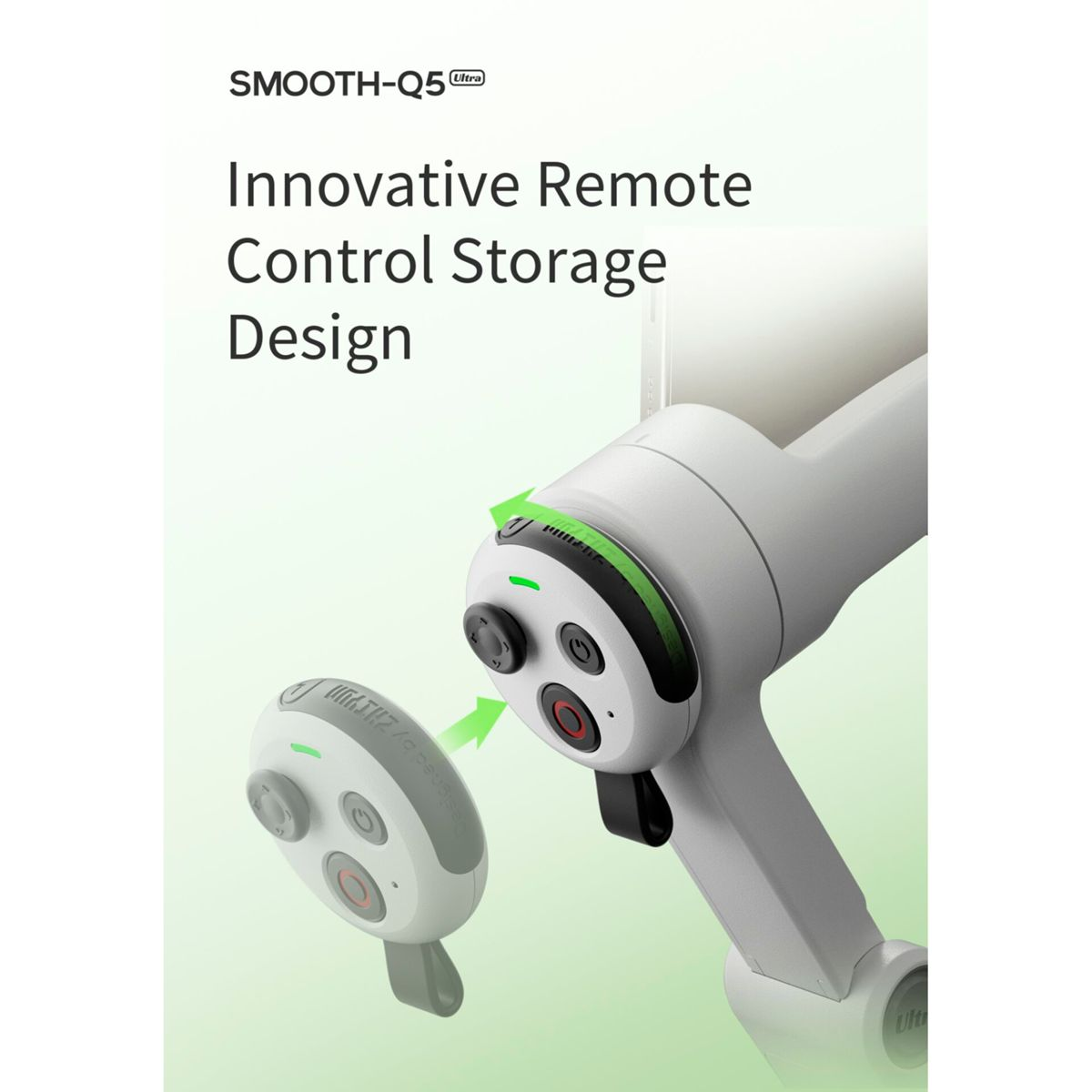 Nahaufnahme eines weißen Gimbal-Controllers mit einem abnehmbaren Fernbedienungsmodul.