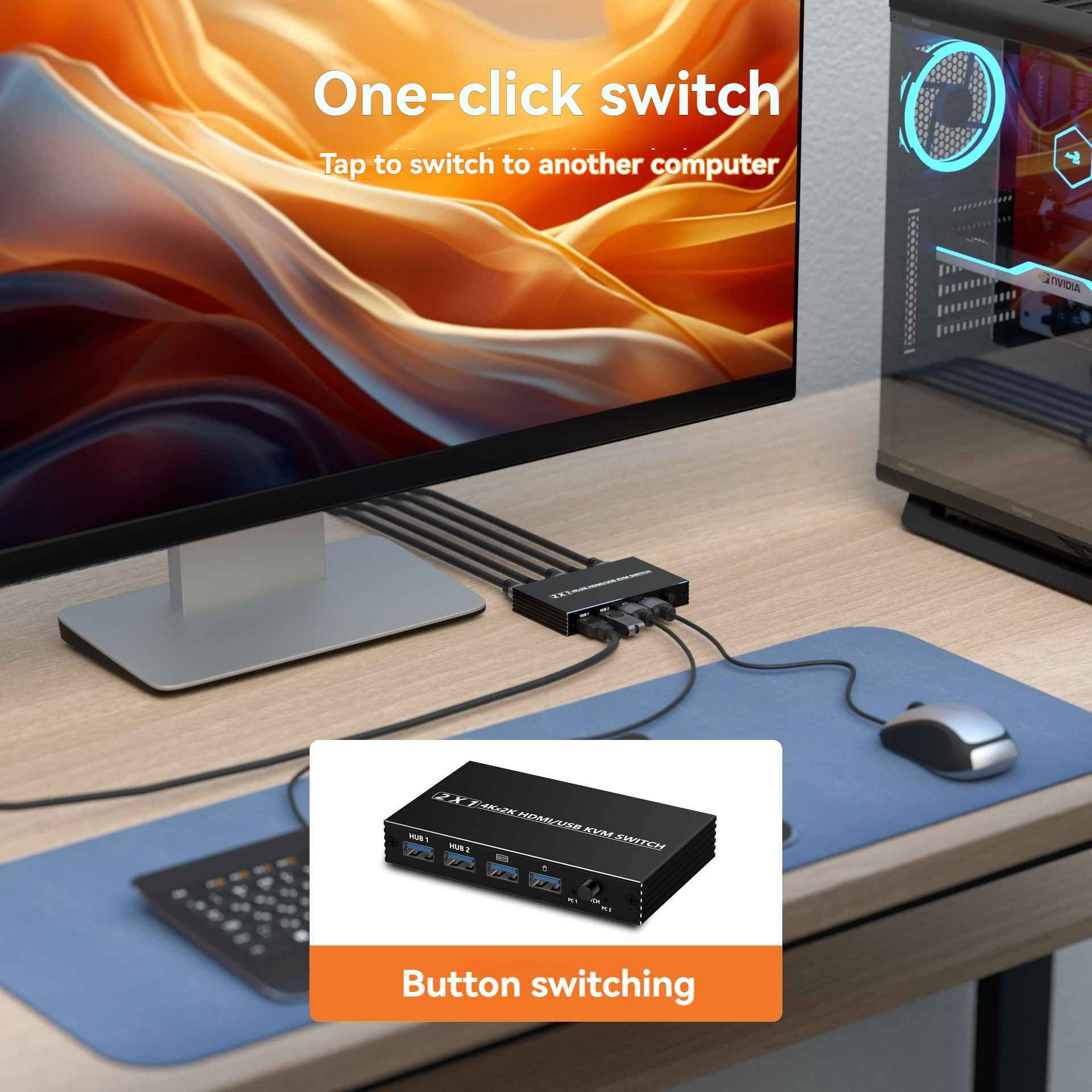 Ein KVM-Switch mit einem Monitor, PC und Maus auf einem Schreibtisch.