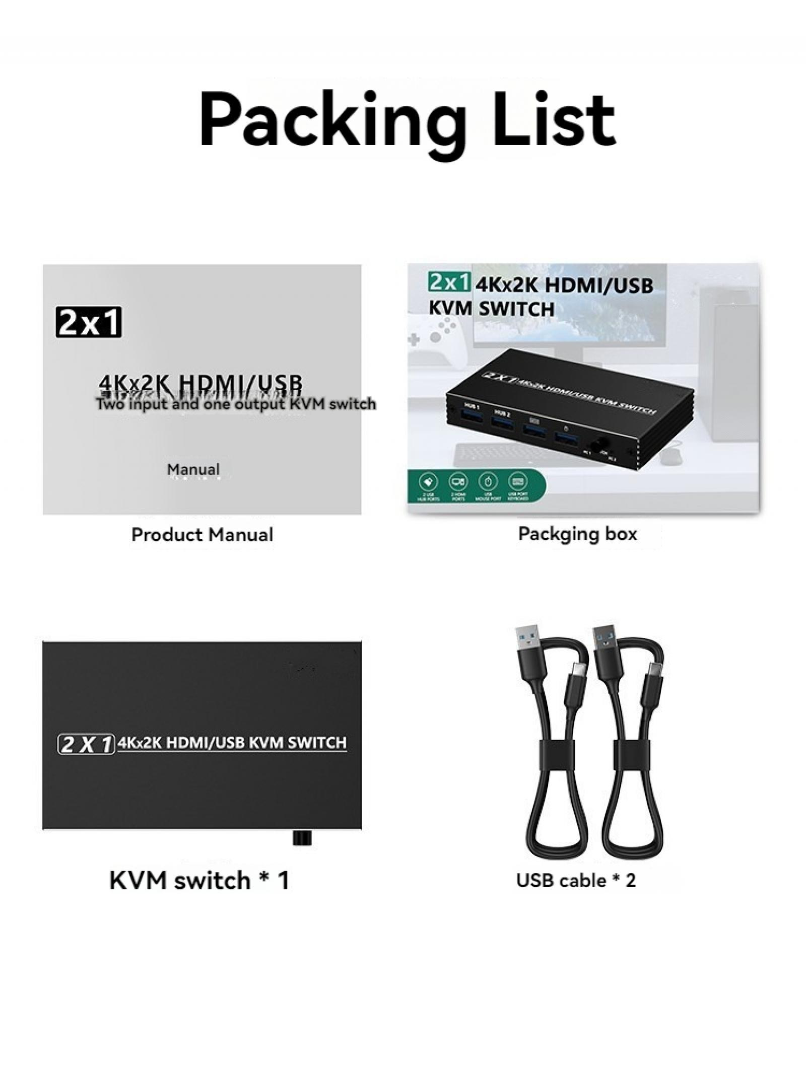 Packliste: KVM-Umschalter, Handbuch, Verpackungsbox und USB-Kabel.