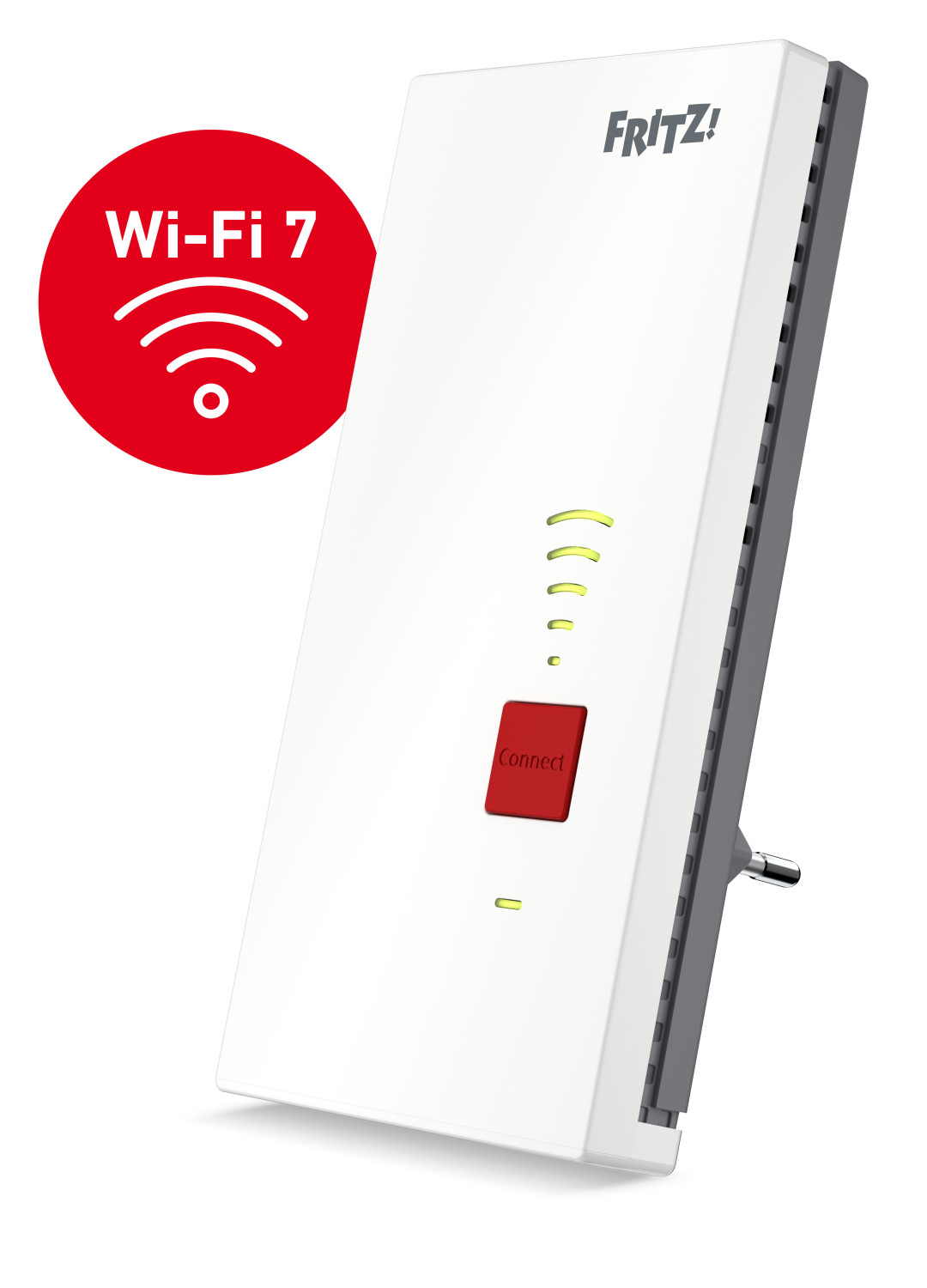 Weißer Fritz! Repeater mit rotem Connect-Knopf und Wi-Fi 7-Logo.