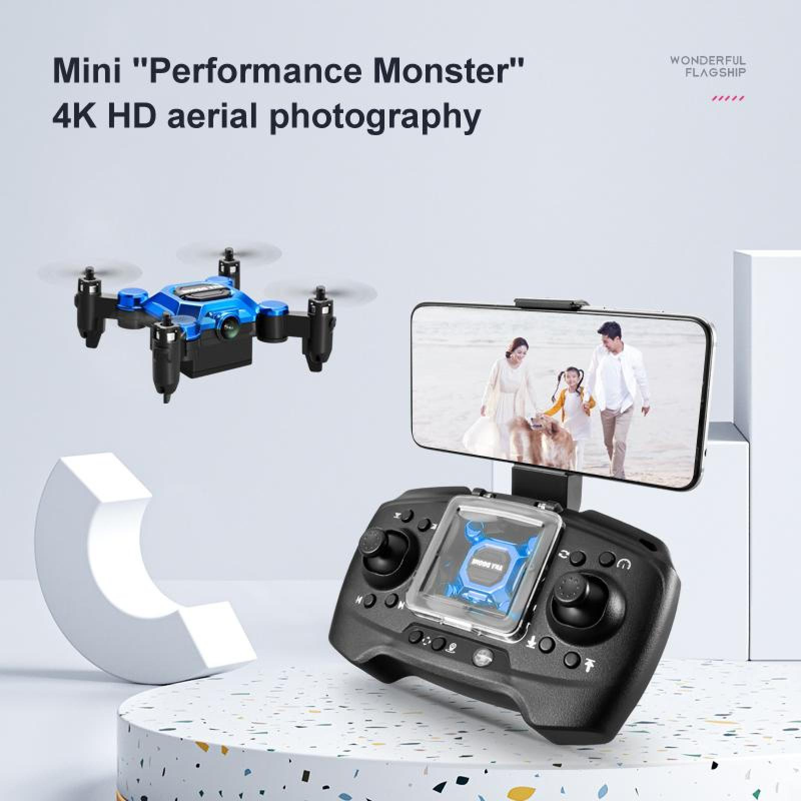 Ein blauer Mini-Drohne fliegt vor einem Smartphone, das eine Familie zeigt.