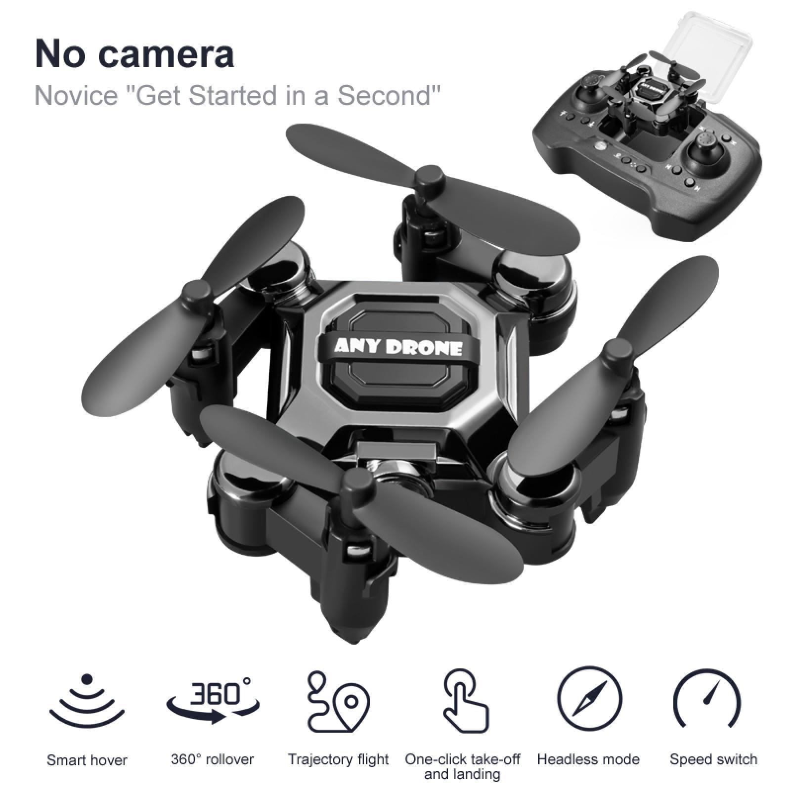 Ein schwarzer Mini-RC-Drohne mit Controller. Funktionen: Smart Hover, 360° Flip.