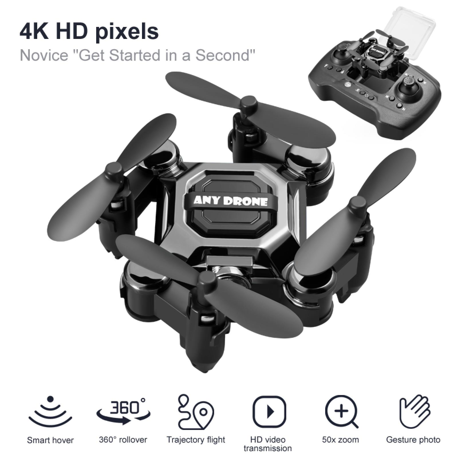 Schwarze Drohne mit vier Propellern und Fernbedienung. Funktionen: Smart Hover, 360° Rollover.