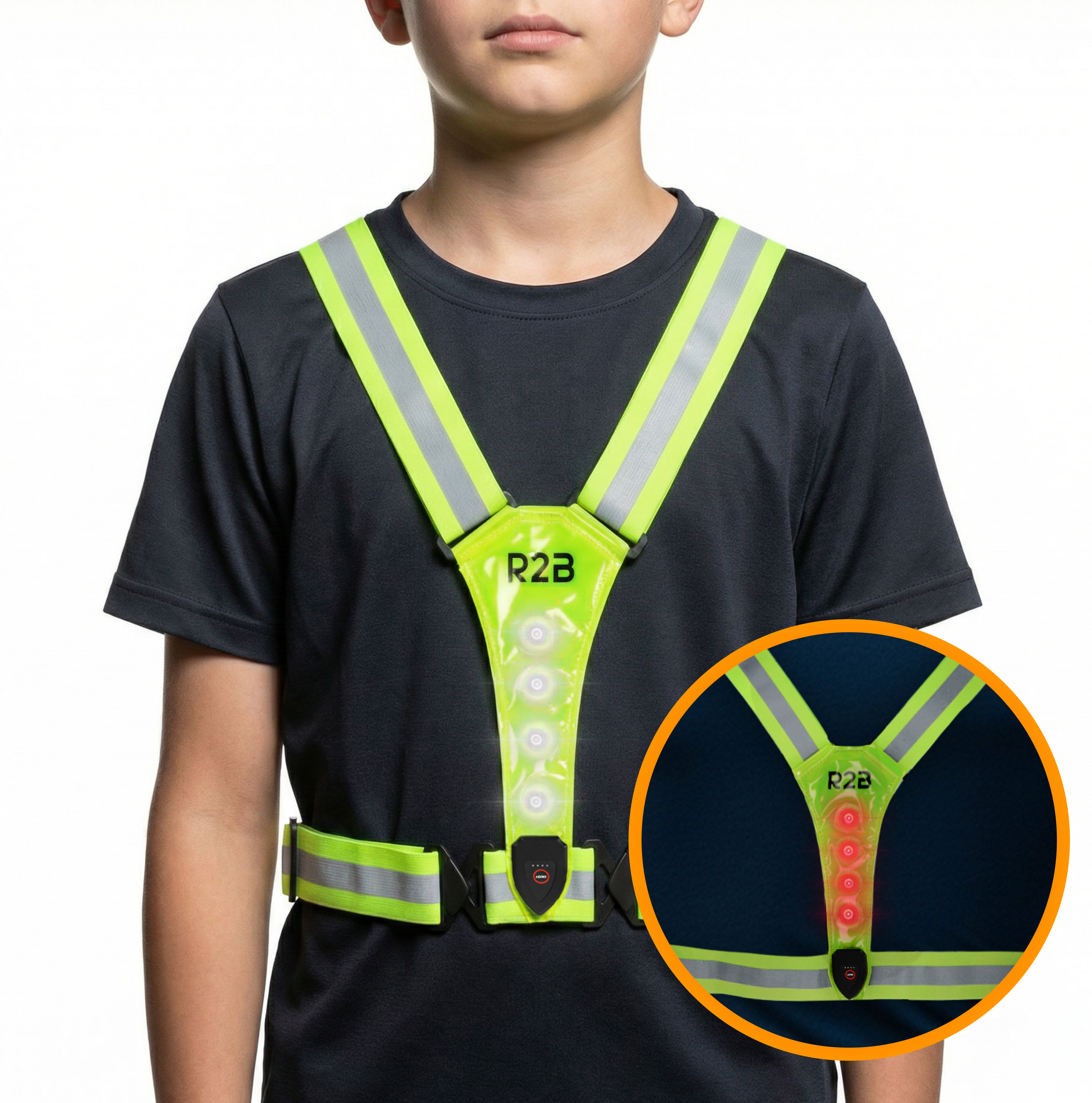 A child wears a bright yellow safety vest with reflective stripes and lights.