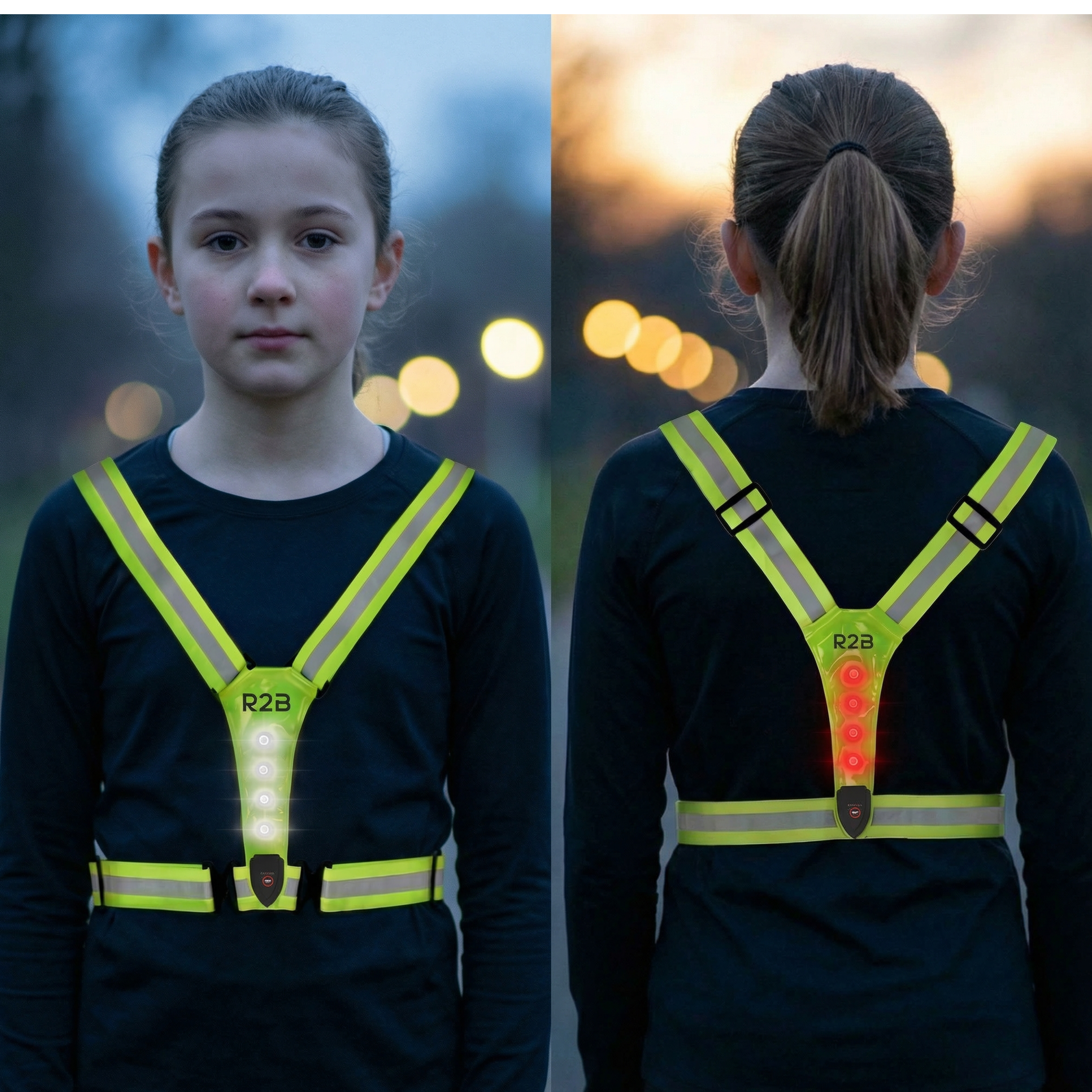 Girl wearing a reflective vest with lights, shown front and back.