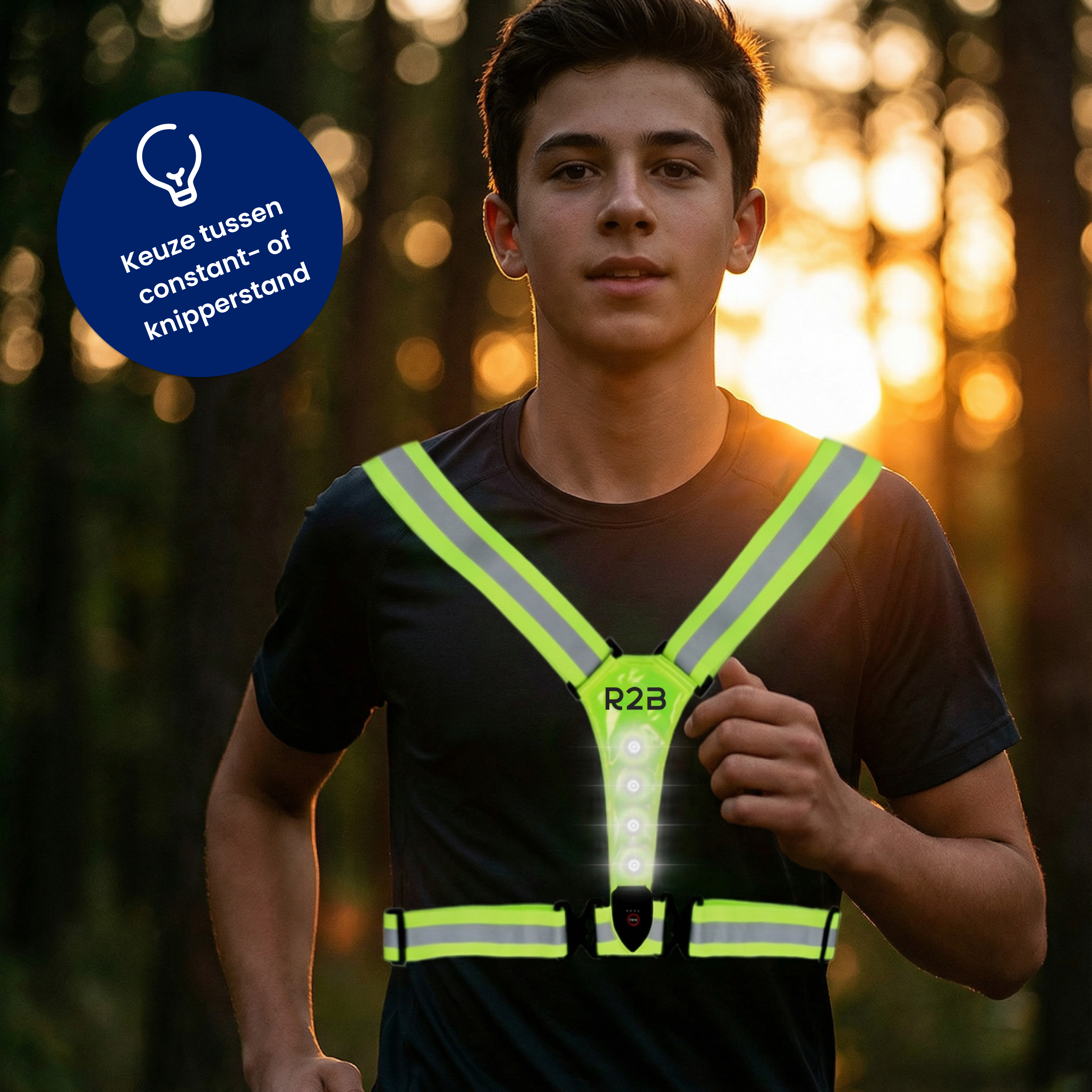 A boy runs in a forest wearing a bright vest. Sunset.