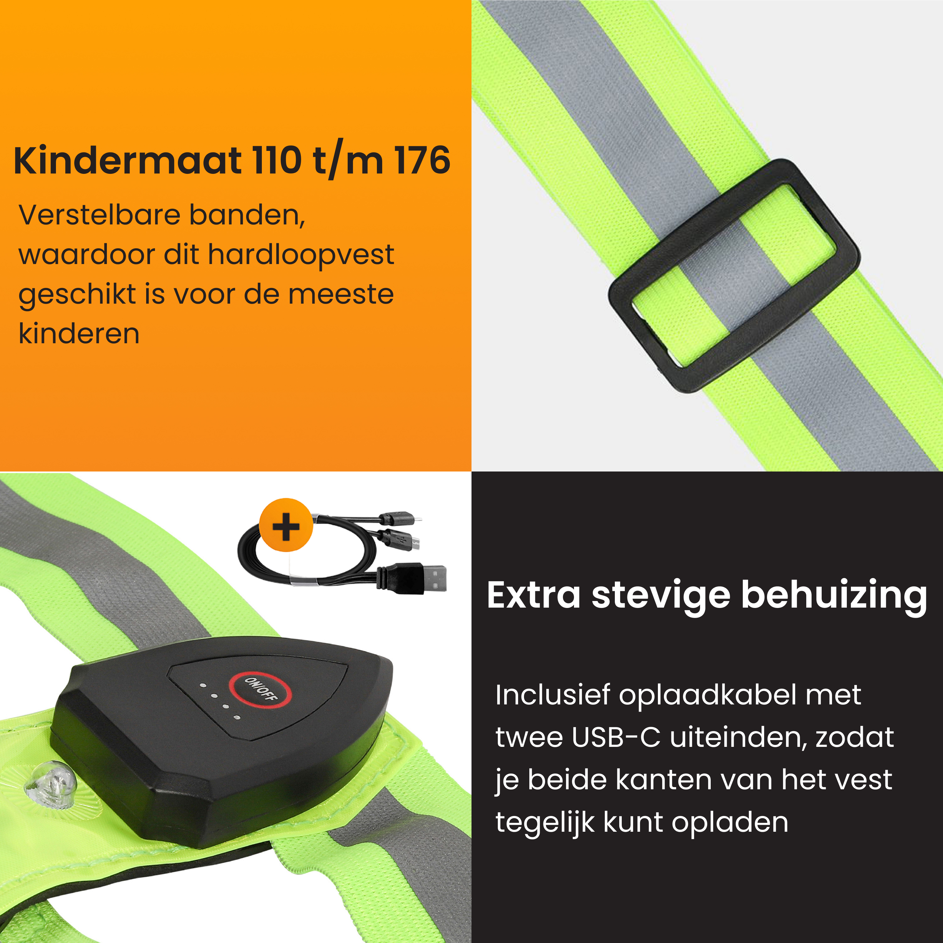 High-visibility vest with LED, charging cable, and size 110-176.