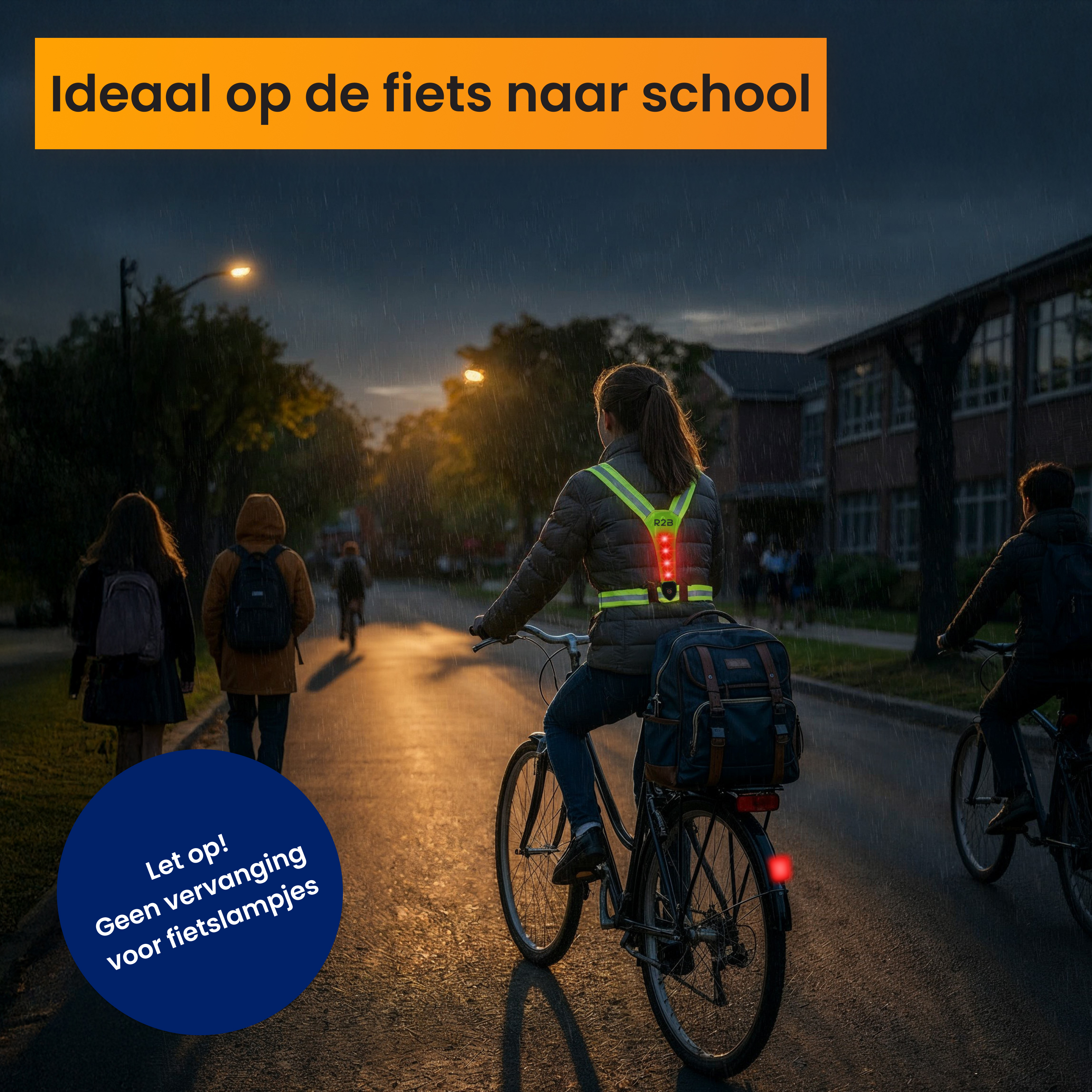 Cyclists in the rain, some walking to school. Reflective gear is worn.
