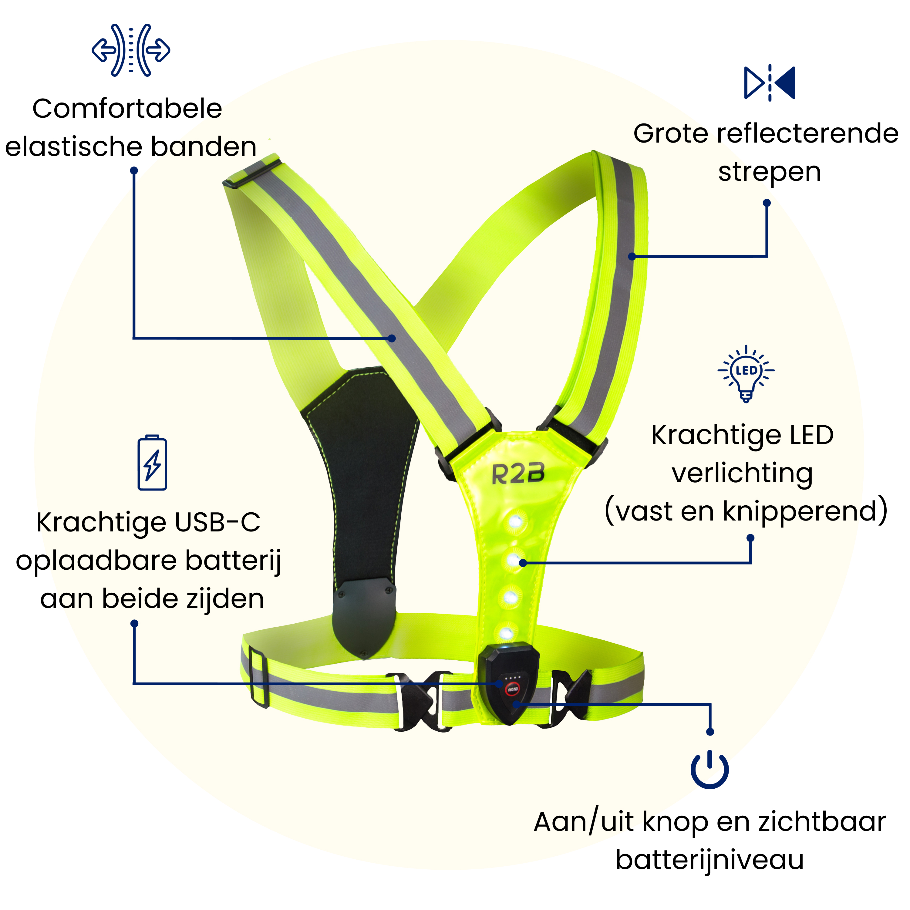 Bright vest with reflective stripes, LED lights, and USB-C battery.