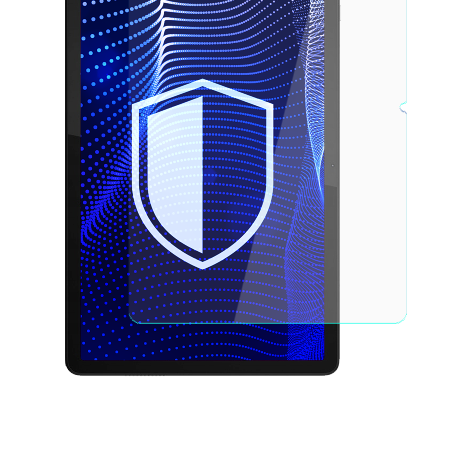 Ikona tarczy na niebieskim wzorze w kropki na ekranie tabletu.