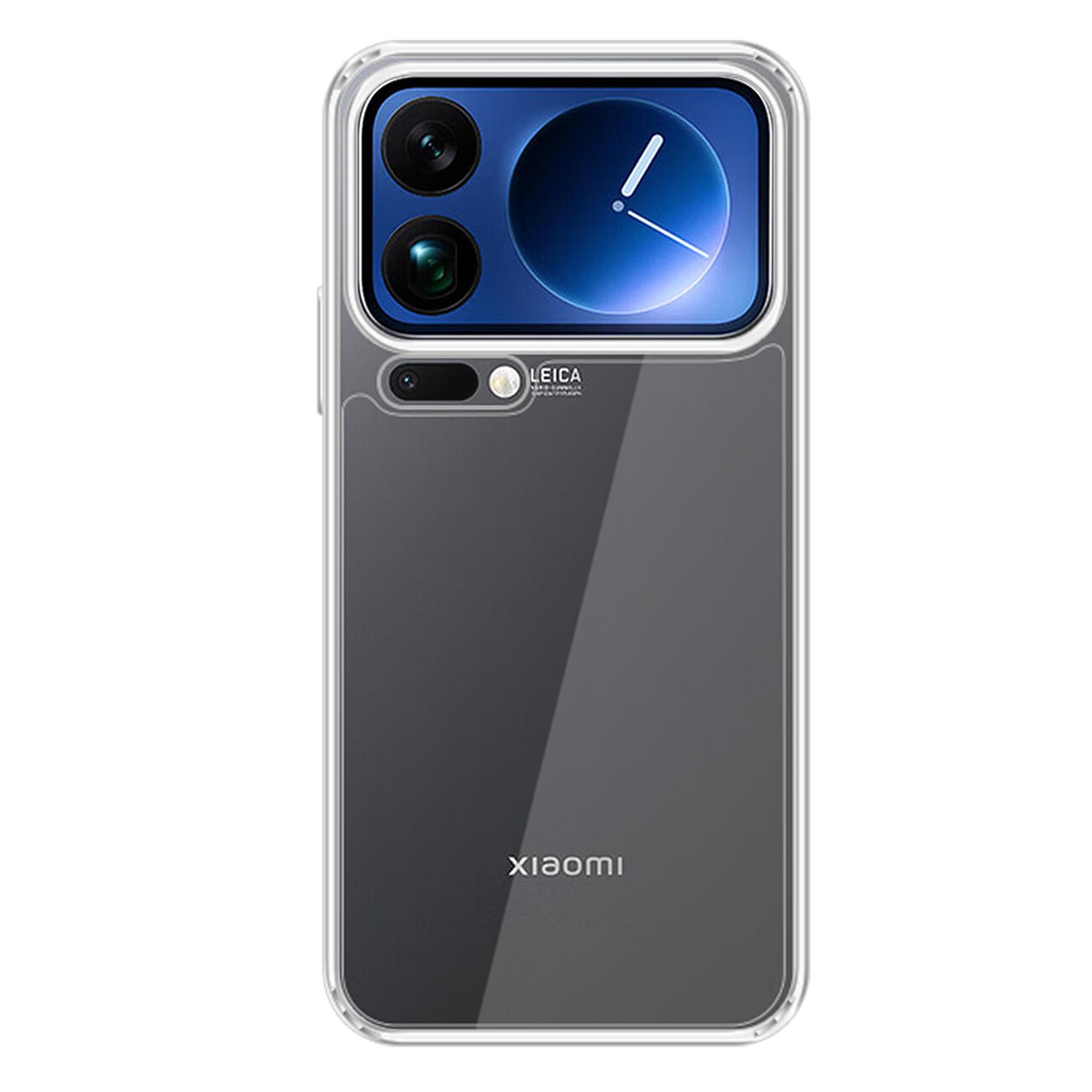Przezroczyste etui na telefon z potrójnym modułem aparatu i logo Xiaomi.
