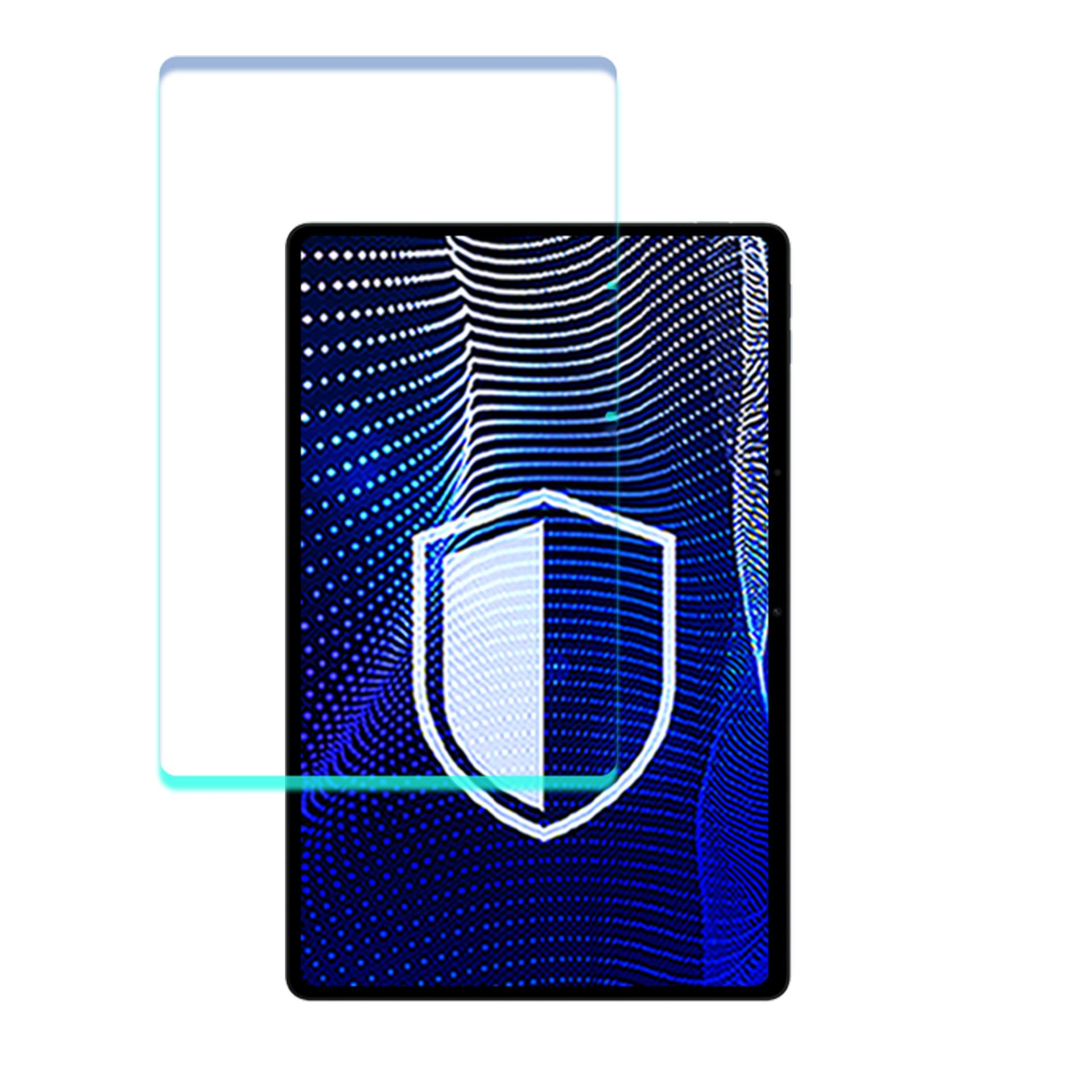 Una protezione per lo schermo su un tablet con motivo a onde blu e scudo.