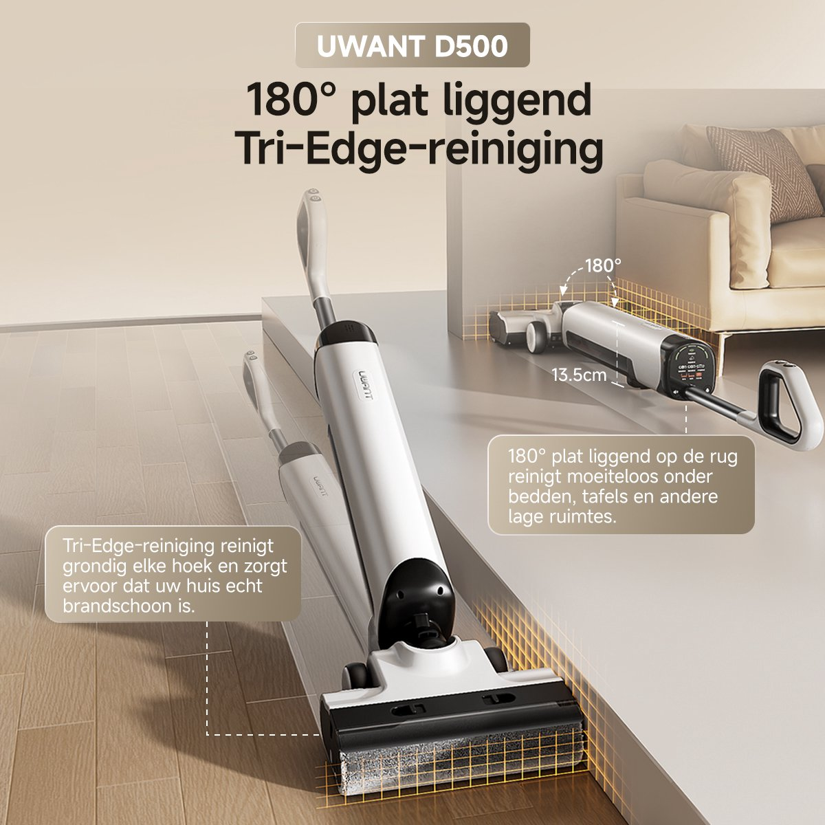 Biały odkurzacz UWANT D500 leży płasko, czyszcząc pod meblami.