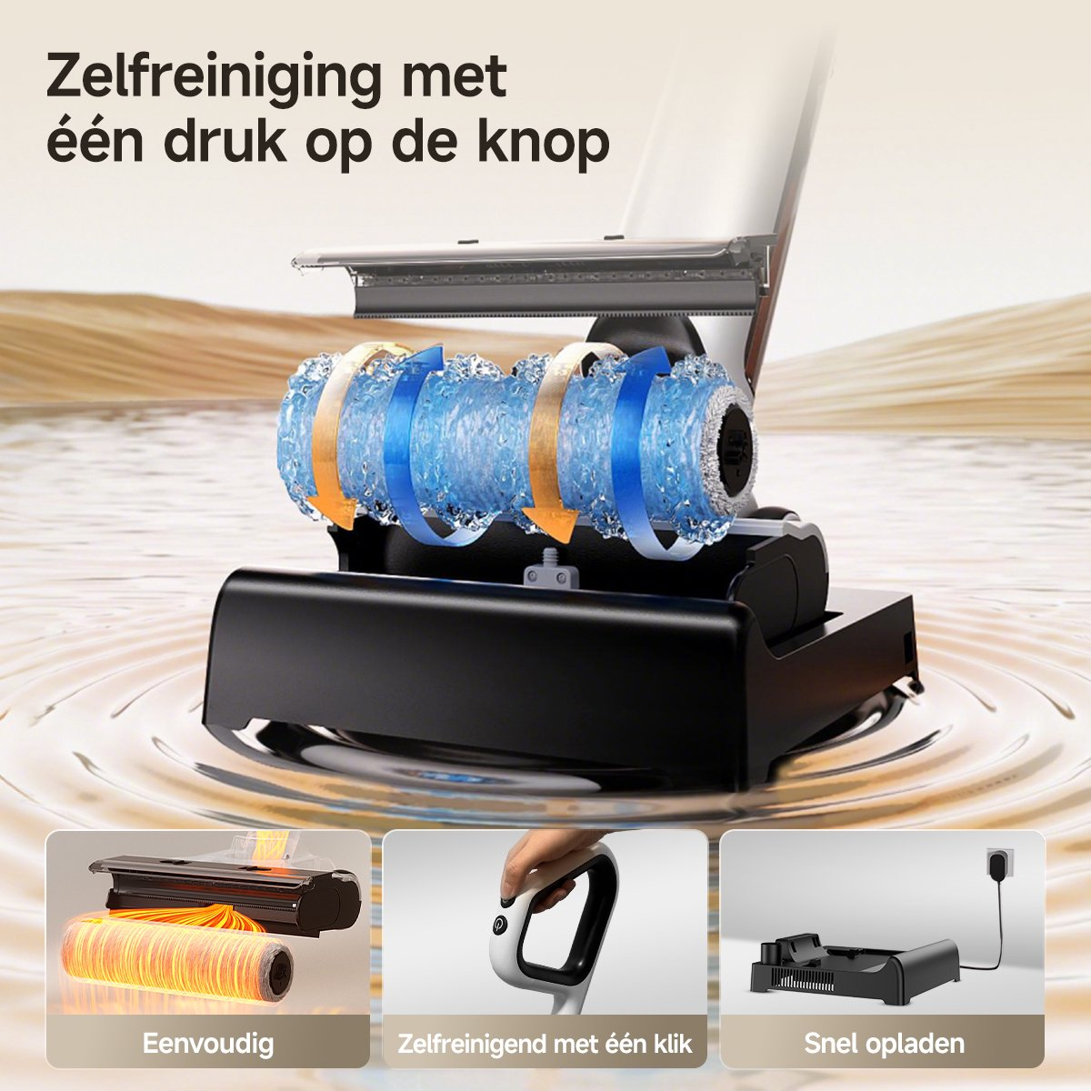 Golarka ze stacją samoczyszczącą i trzema widokami: części zamienne, obsługa i stacja ładująca.