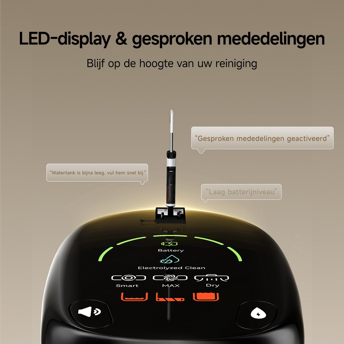 Czarny odkurzacz do podłóg z wyświetlaczem LED pokazuje komunikaty głosowe.