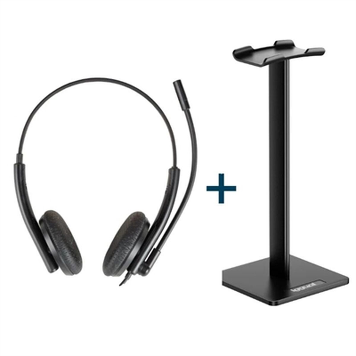 Un auricolare nero con microfono e un supporto nero con un segno più.