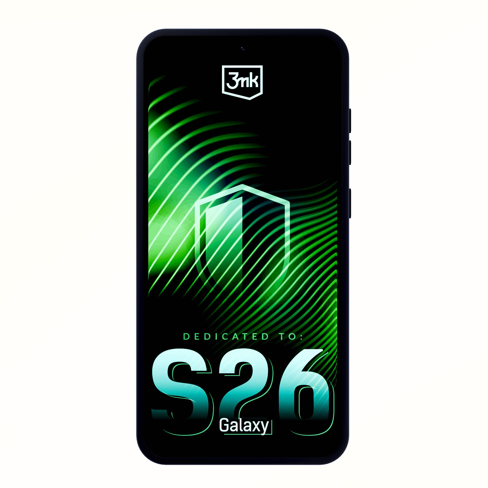 Uno smartphone con sfondo astratto verde e testo "S26 Galaxy".