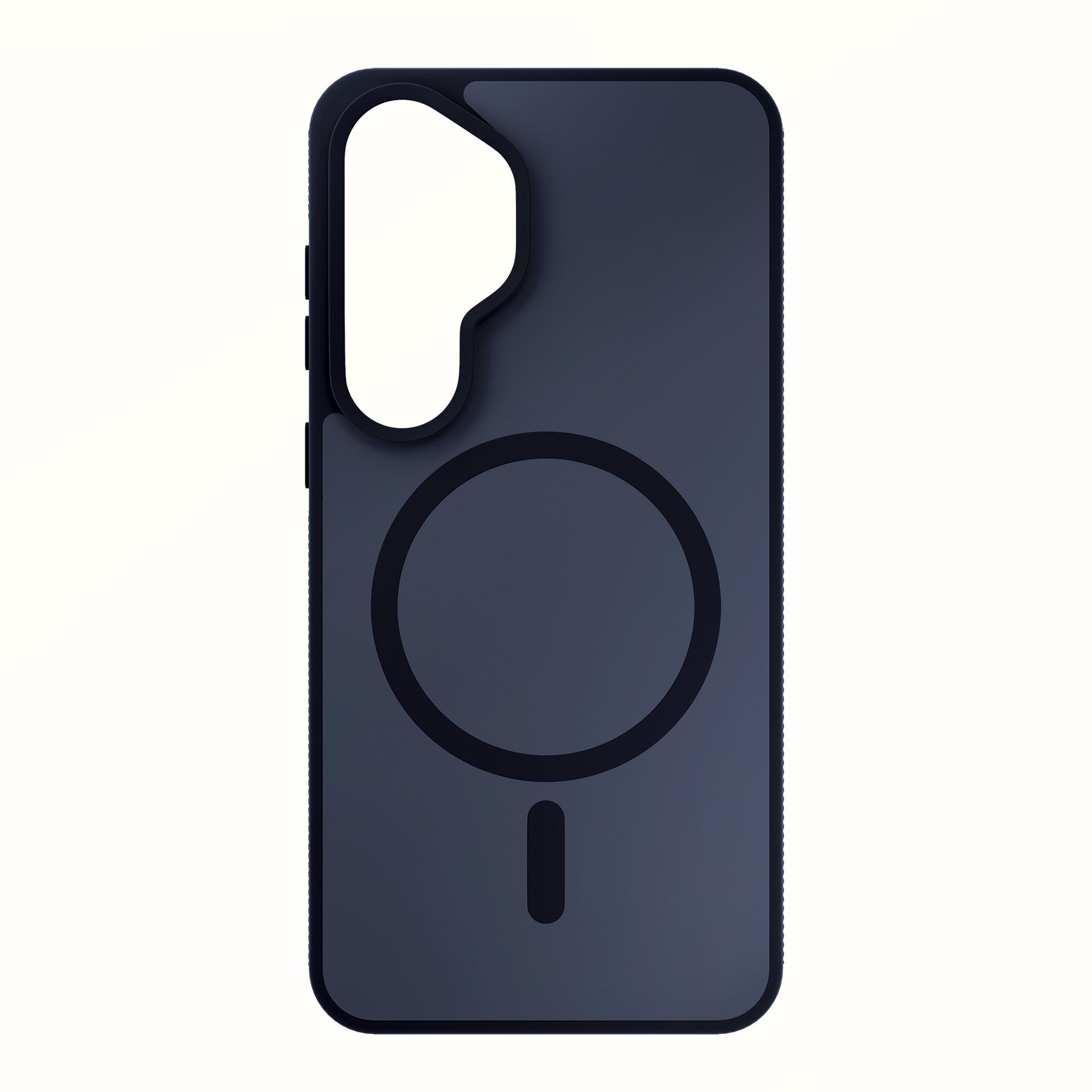 Custodia blu scuro per telefono con motivo circolare e ritaglio.