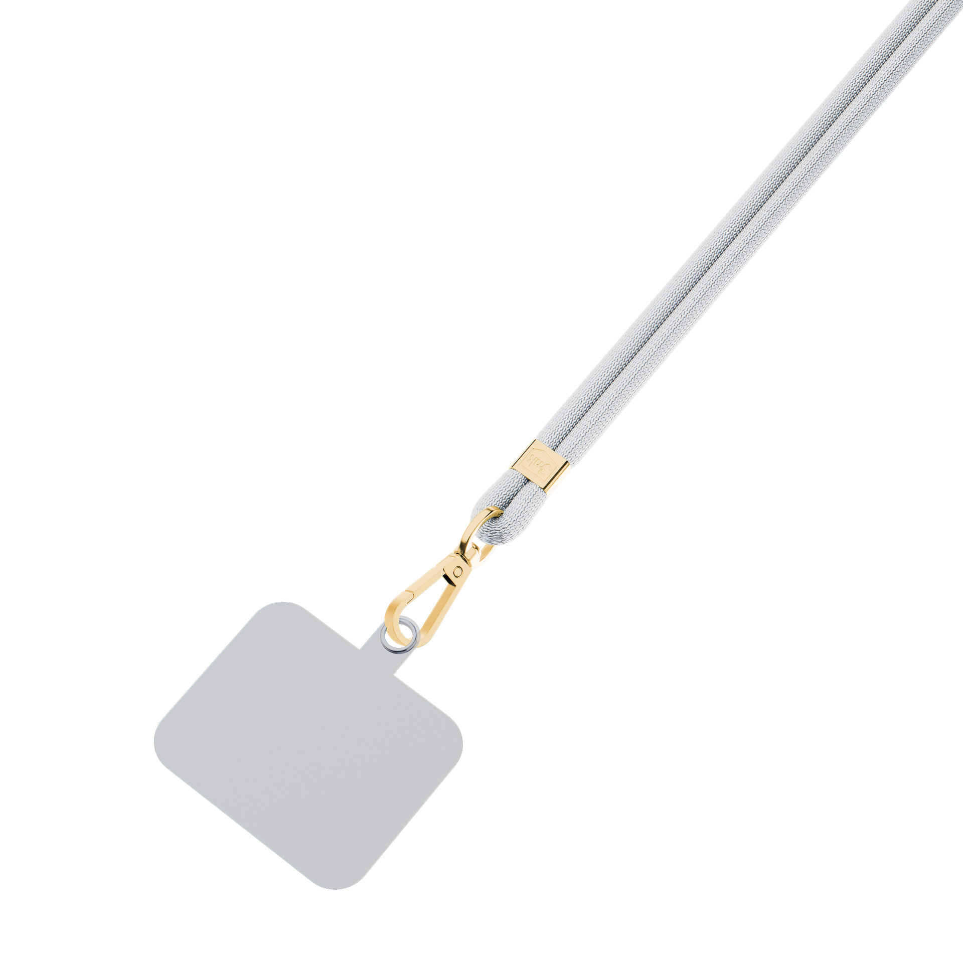 Szara smycz ze złotym zapięciem i szarym kwadratem na białym tle.