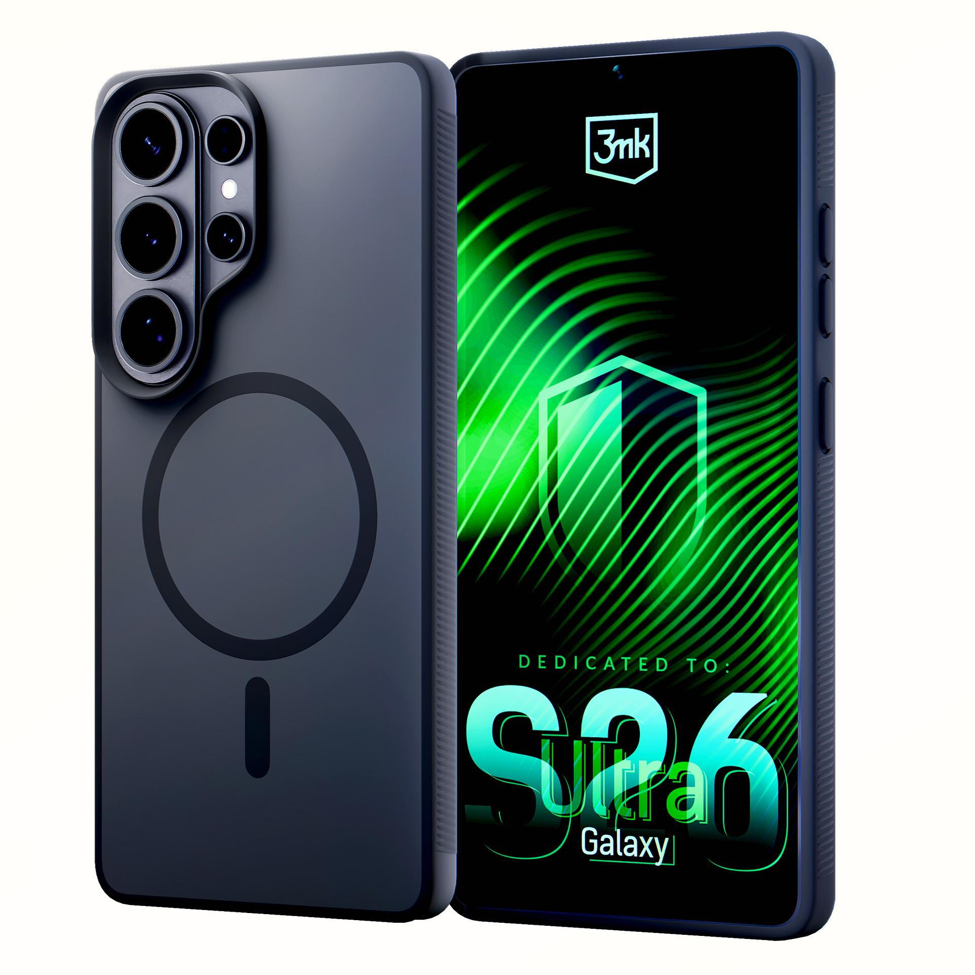 Ciemnoszary telefon z modułem aparatu i pierścieniem magnetycznym. Ekran pokazuje zielone pasy.