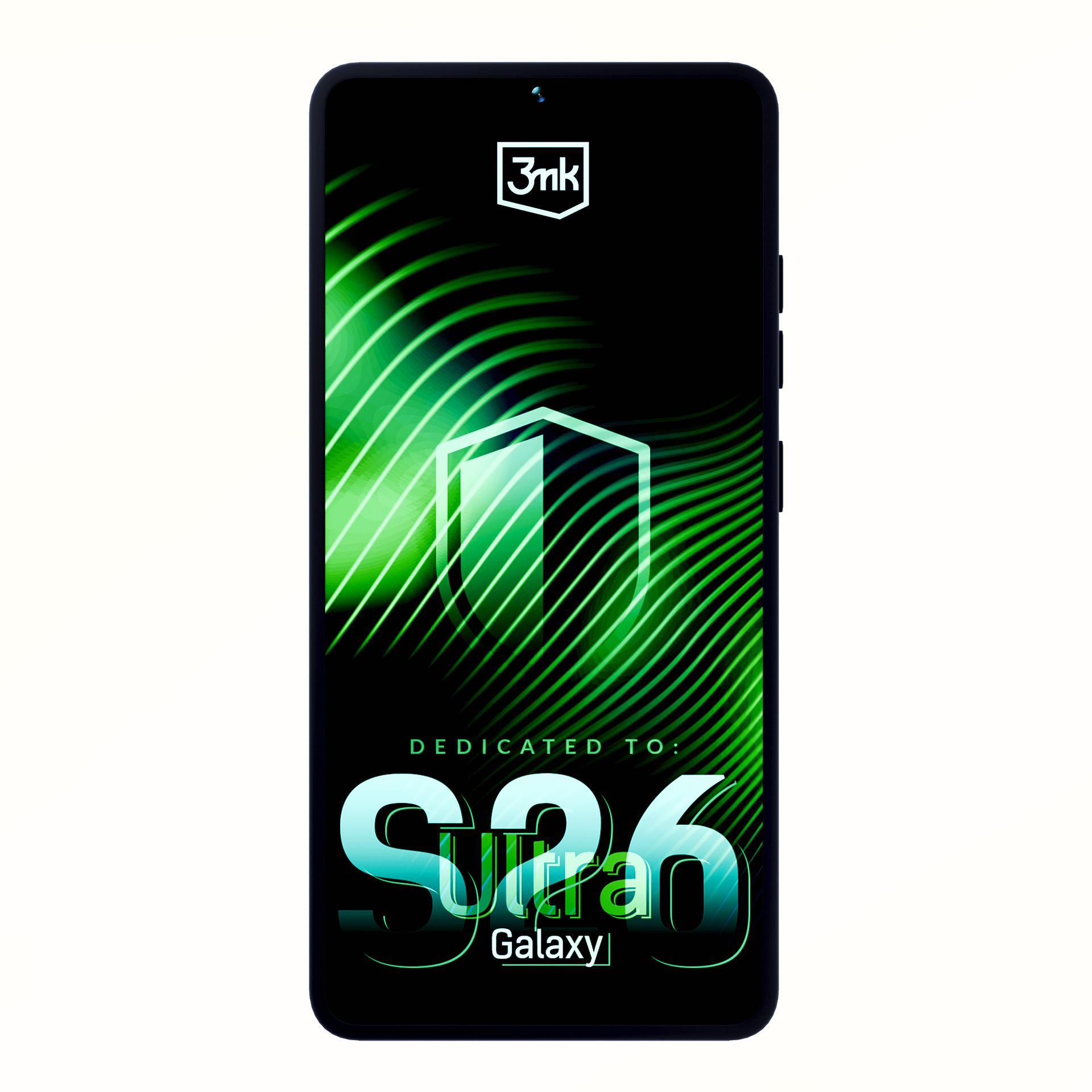Smartfon z zielonym abstrakcyjnym tłem i tekstem S26 Ultra Galaxy.