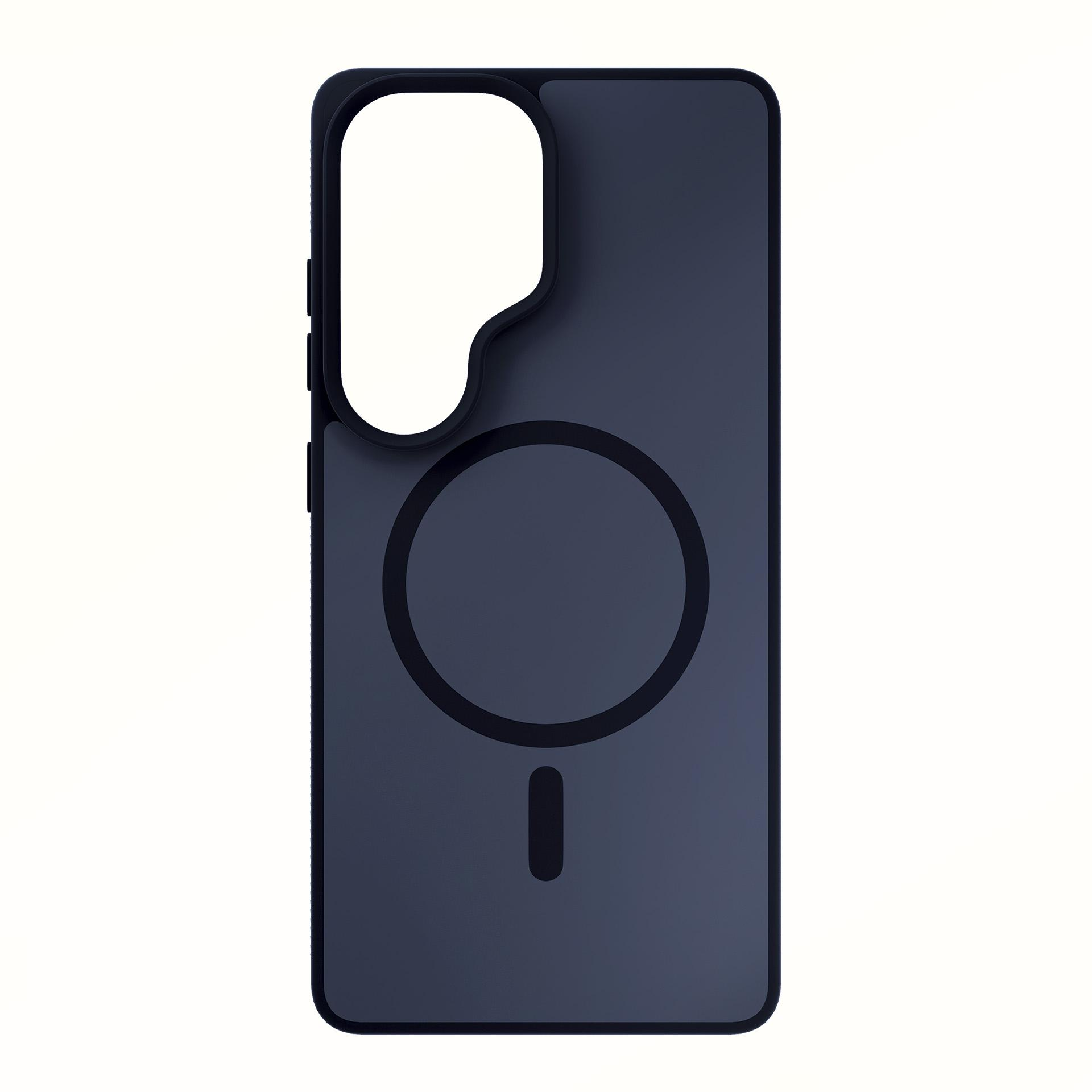 Custodia blu scuro per telefono con ritaglio circolare e linea verticale.