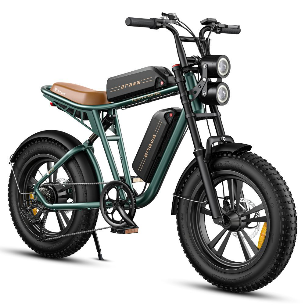 Una e-bike verde scuro con sella marrone, due batterie e doppio faro.