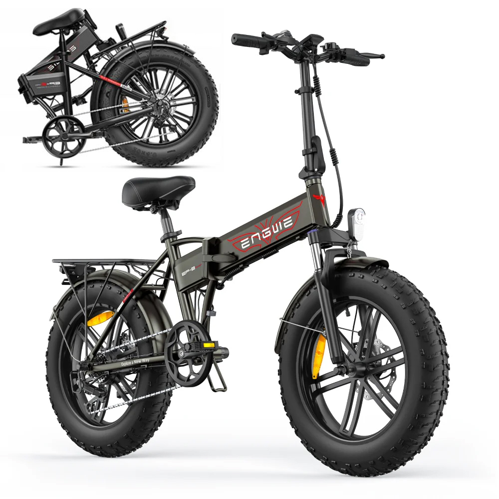 Bicicletta elettrica pieghevole grigio scuro con pneumatici larghi e portapacchi.