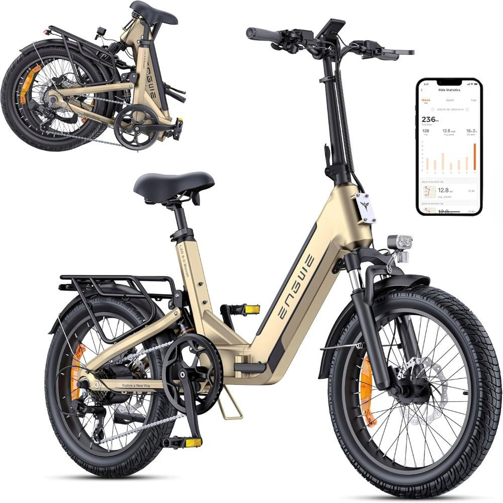 Una e-bike pieghevole color oro con portapacchi, faro anteriore e display app telefono.