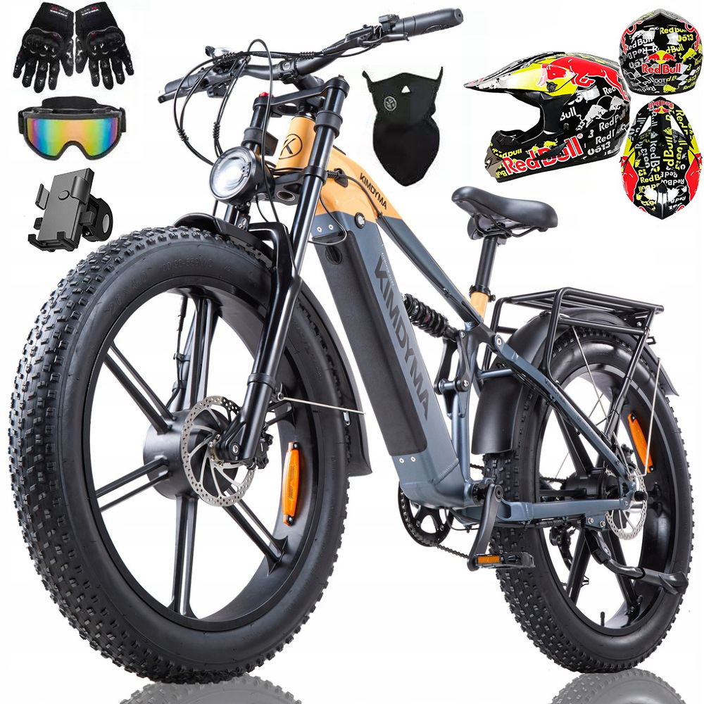 E-bike con pneumatici grassi e accessori: casco, occhiali, guanti.