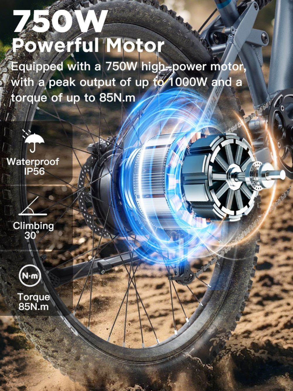 Primo piano del motore da 750W di una bicicletta, impermeabile IP56.