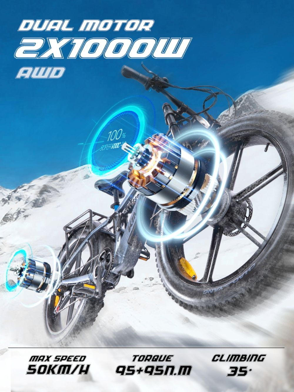 Una e-bike con doppio motore (2x1000W) su terreno innevato, con specifiche prestazionali.