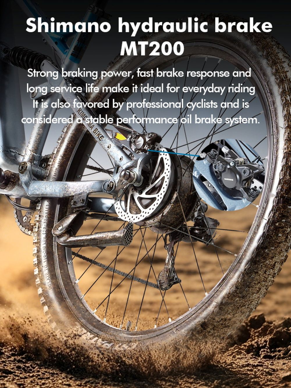 Freno a disco idraulico Shimano MT200 sulla ruota posteriore di MTB.
