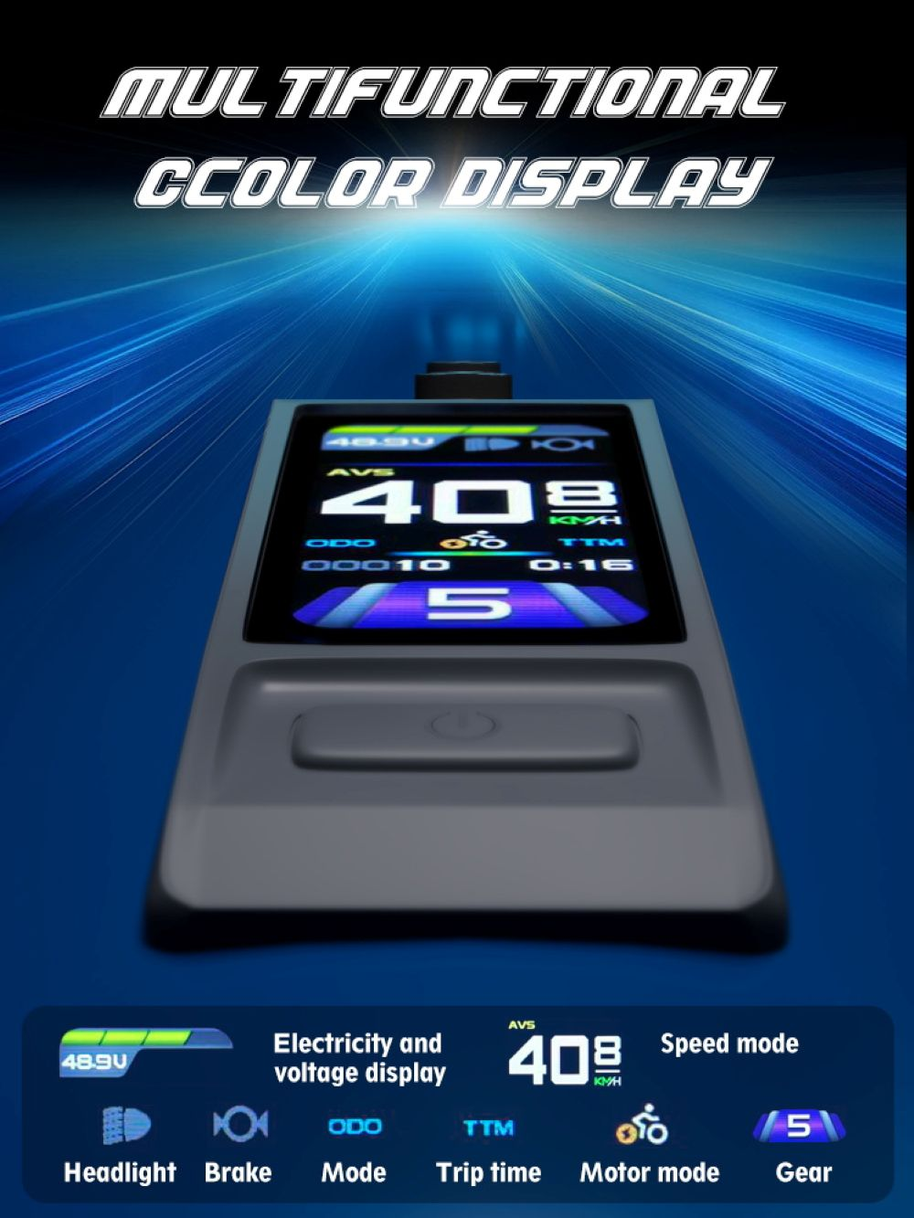 Display multifunzione con velocità, batteria e informazioni di viaggio.
