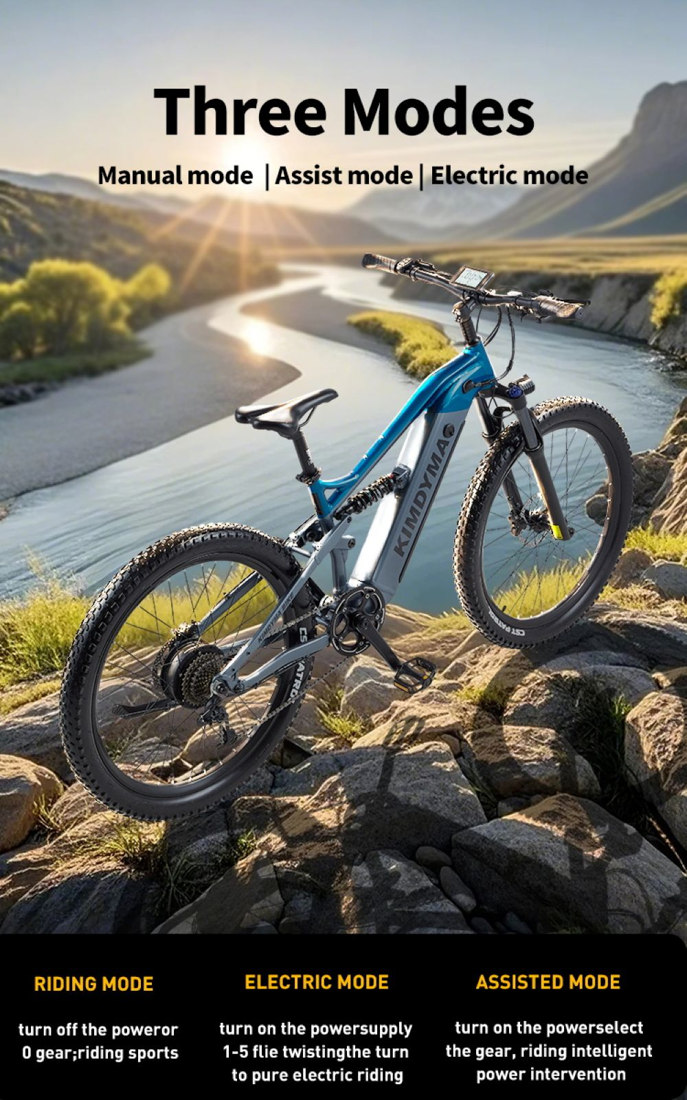 Una mountain bike elettrica blu si trova su un terreno roccioso vicino a un fiume.