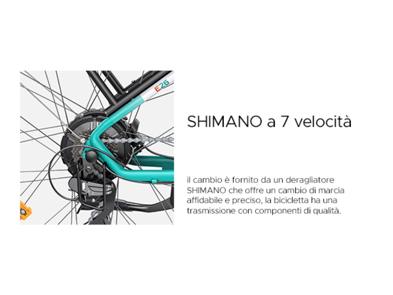 Particolare del cambio di una bicicletta, con etichetta E26. SHIMANO 7 velocità.