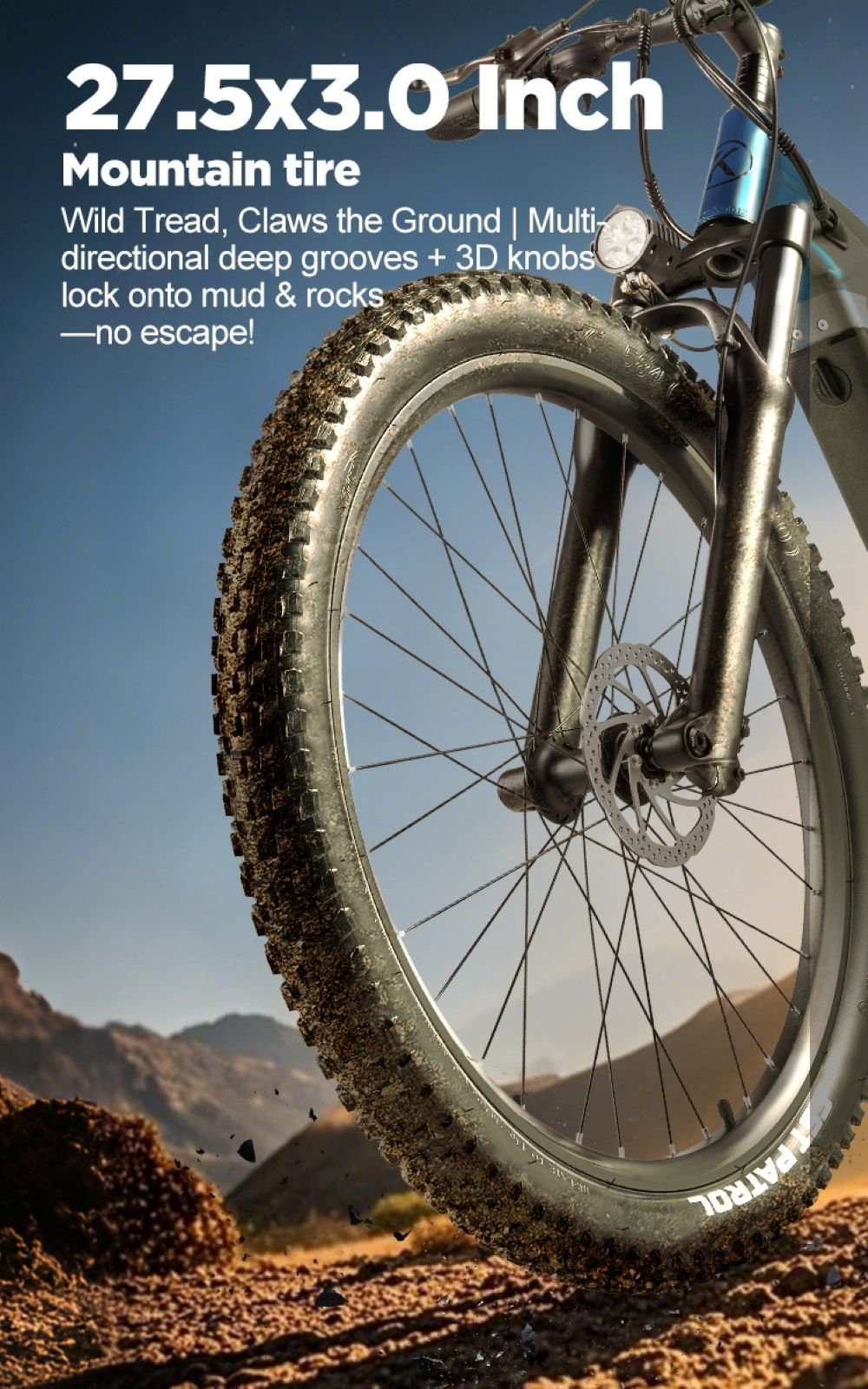 Primo piano di uno pneumatico da mountain bike da 27,5x3,0 pollici con battistrada aggressivo.
