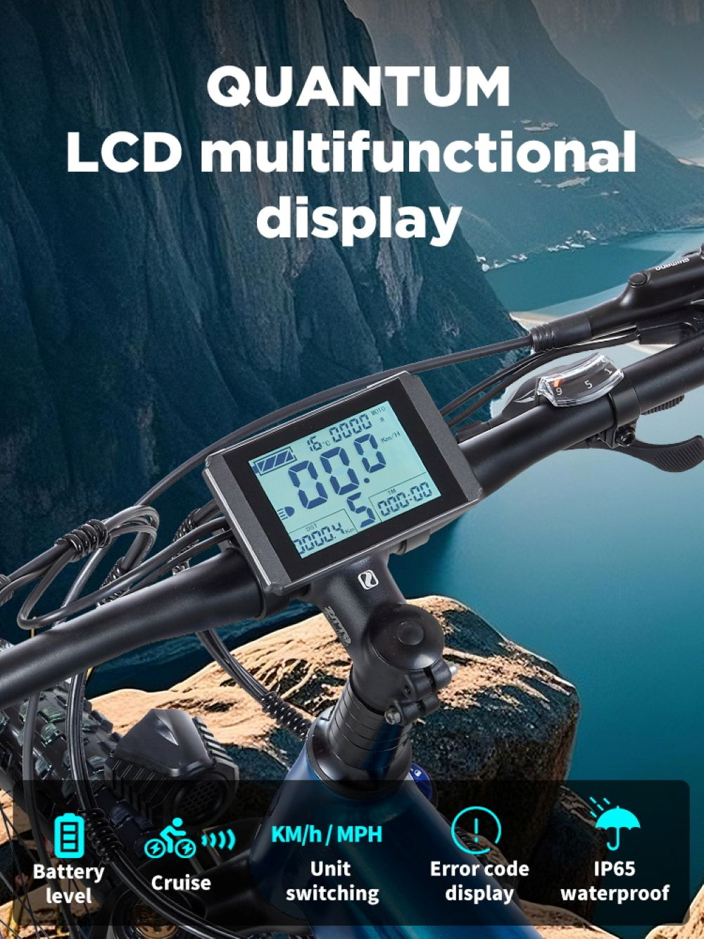Manubrio e-bike con display LCD che mostra velocità e livello batteria.