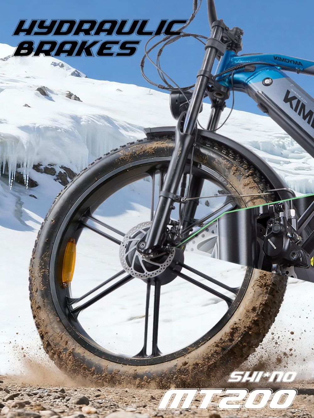 Una mountain bike con freni a disco idraulici nella neve.