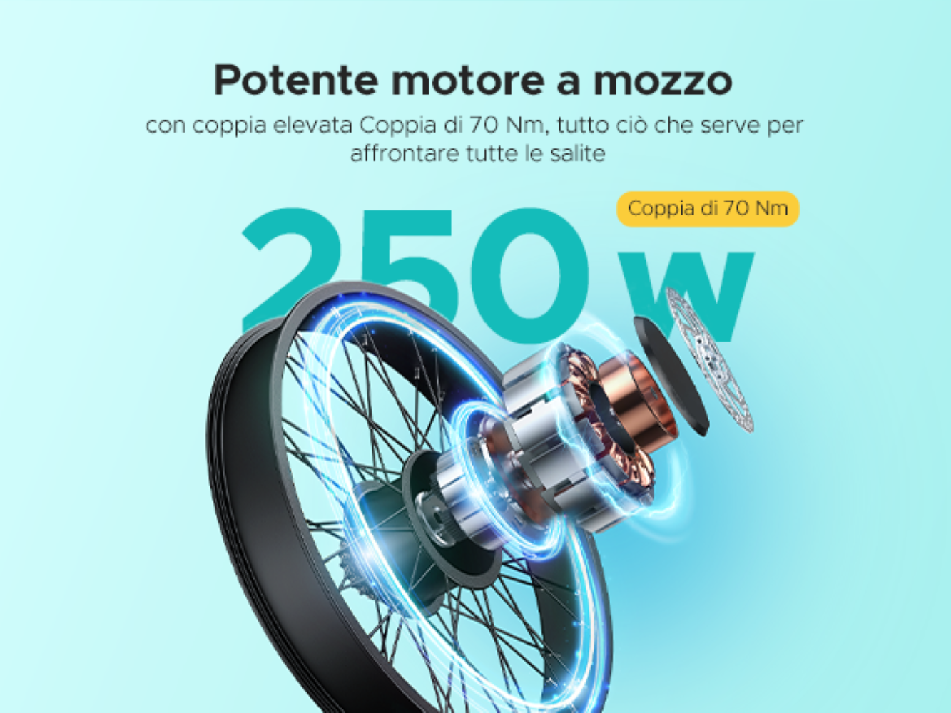 Un potente motore da 250W, 70Nm, mostrato con ruota e componenti.
