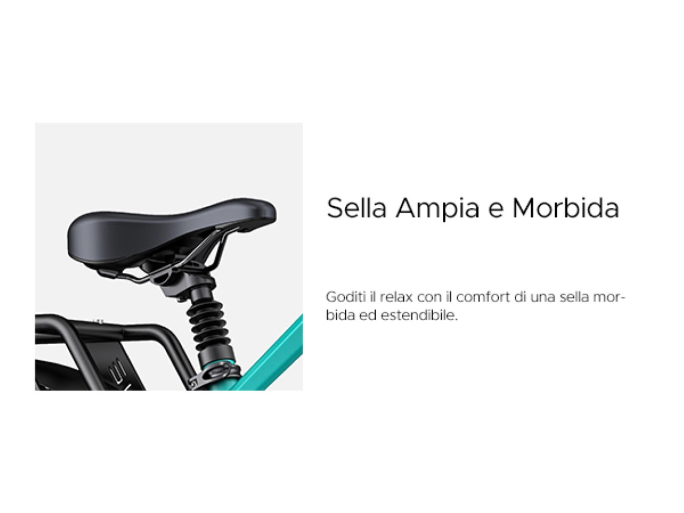 Sella bici ampia e morbida con ammortizzatori, dettaglio telaio turchese.