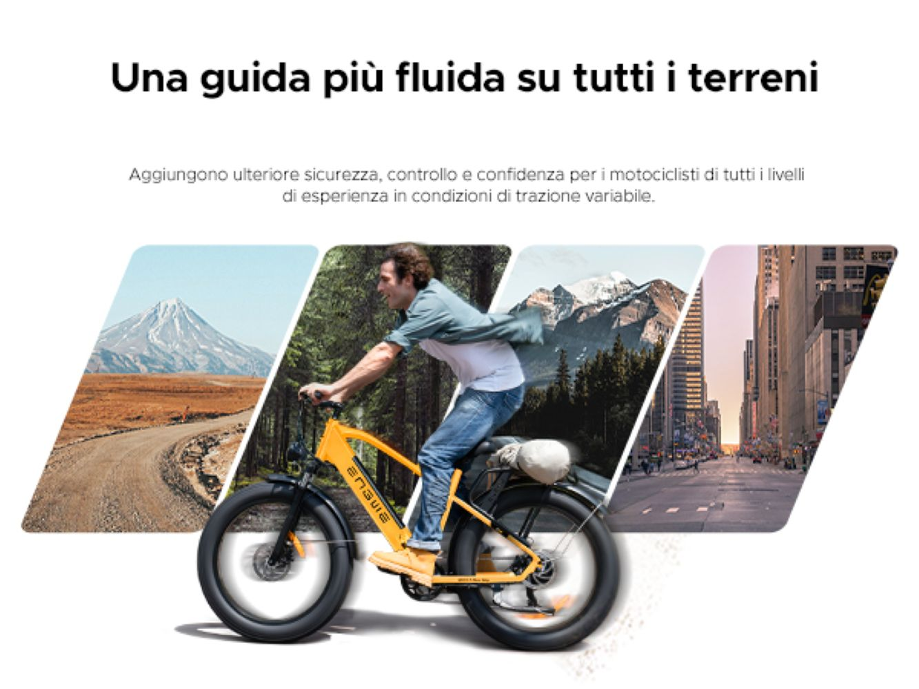 Uomo guida e-bike gialla attraverso paesaggi di montagna, foresta e città.