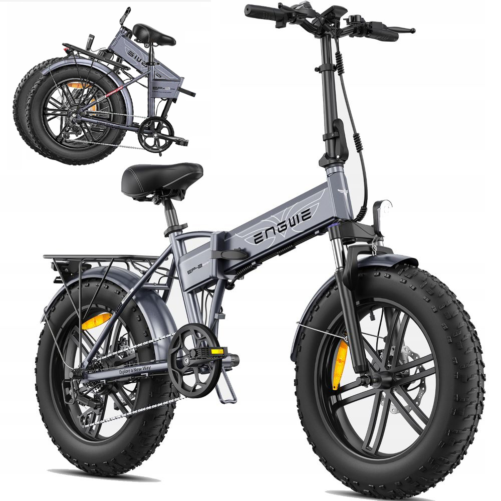 Bici elettrica pieghevole grigia con pneumatici larghi e portapacchi.