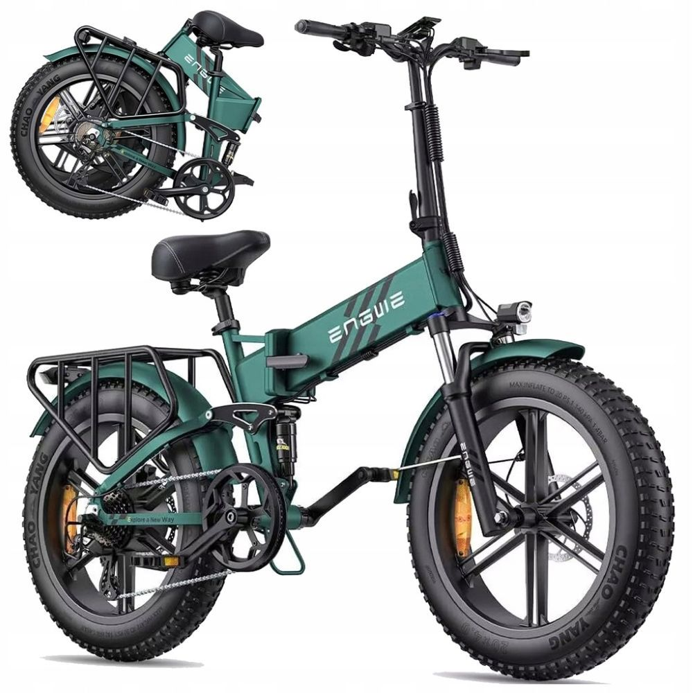 Una e-bike pieghevole verde con pneumatici larghi e portapacchi.