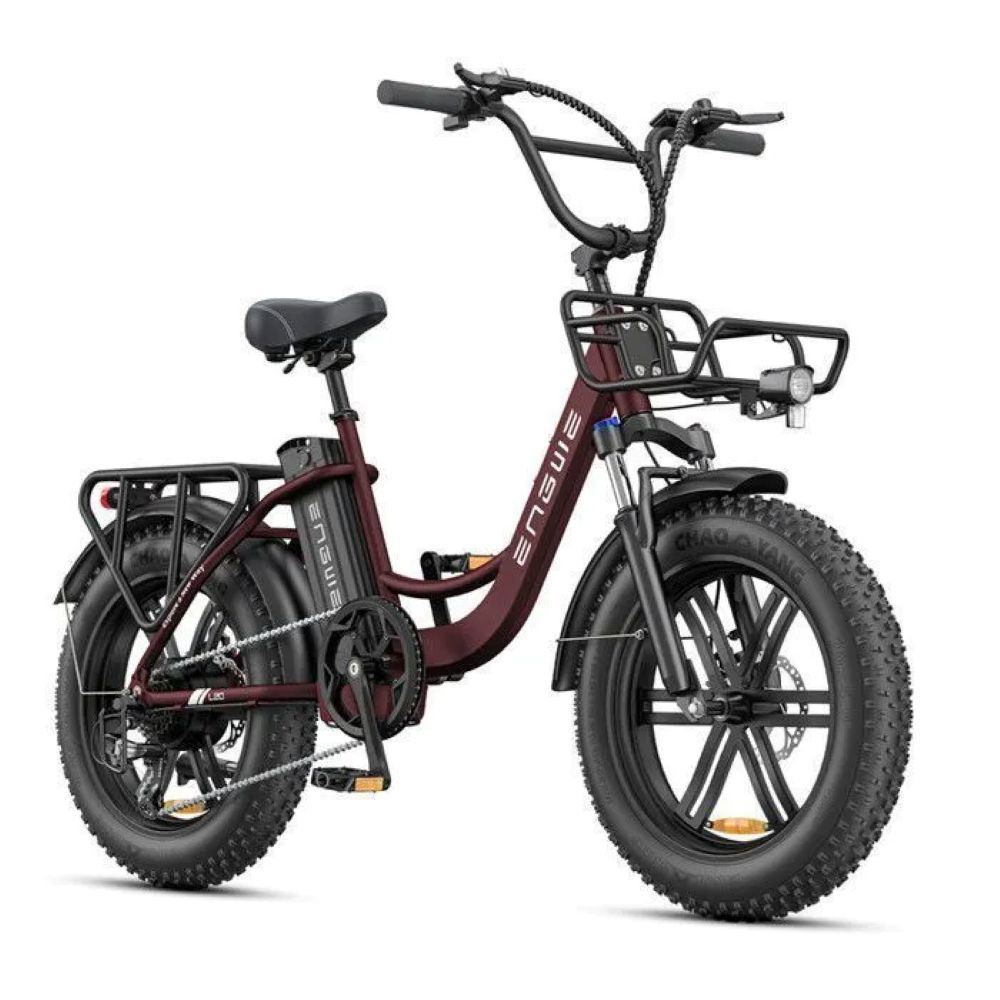Bicicletta elettrica color borgogna con pneumatici grassi e portapacchi.